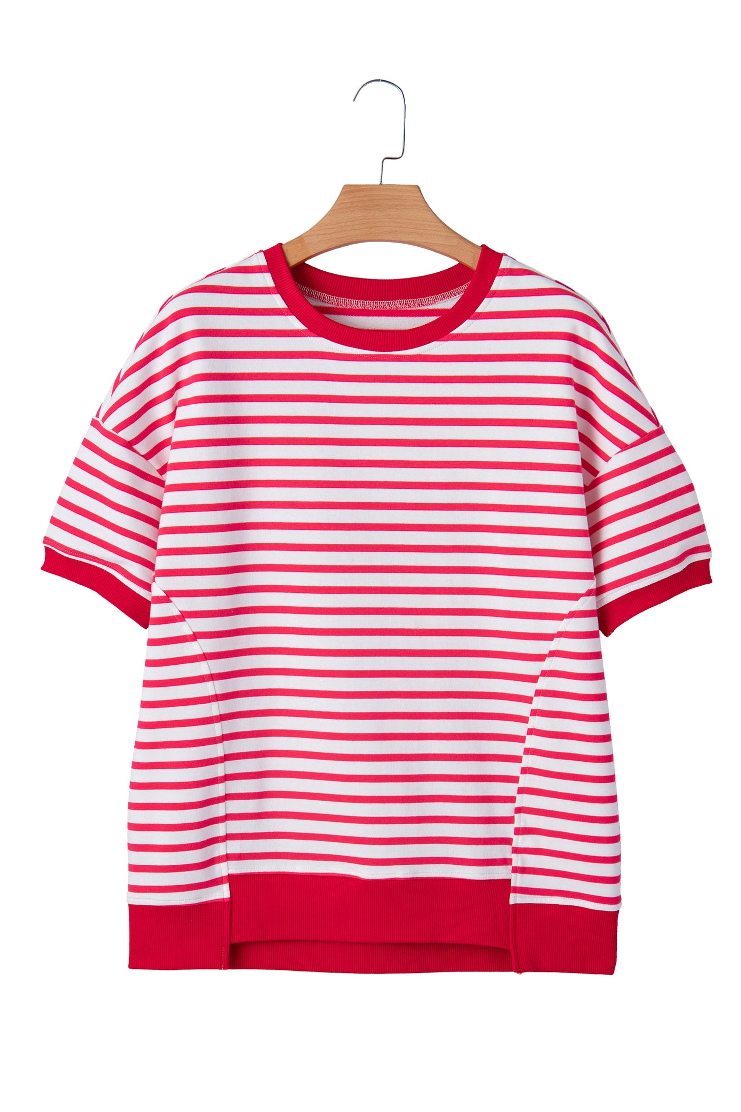 Red Stripe Drop Shoulder Half Sleeve T Shirt-Tops/Tops & Tees-[Adult]-[Female]-2022 Online Blue Zone Planet