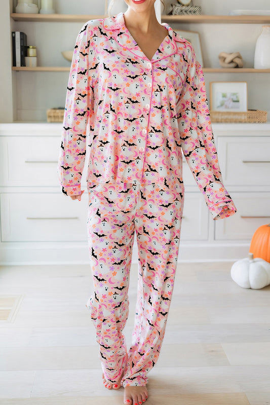 Pink Halloween Eve Haunted Honey Bat Print Pajama Set-Loungewear & Sleepwear/Sleepwear-[Adult]-[Female]-2022 Online Blue Zone Planet