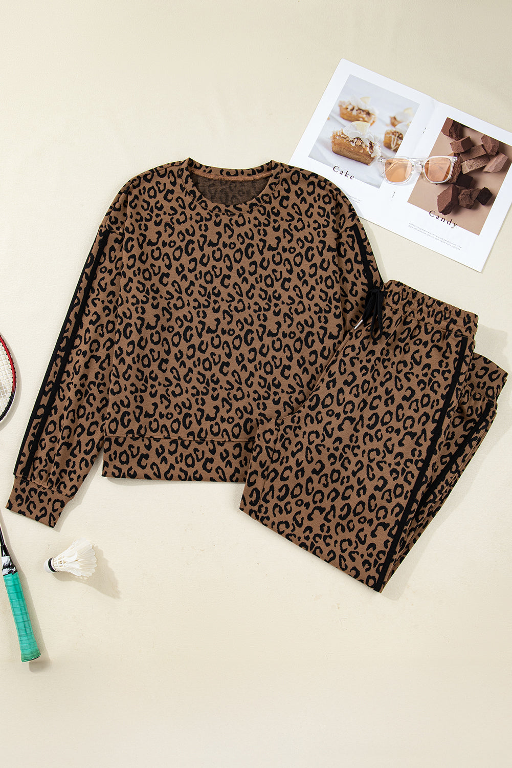 Brown Varsity Striped Trim Leopard Long Sleeve Top Drawstring Pant Set-Two Piece Sets/Pant Sets-[Adult]-[Female]-2022 Online Blue Zone Planet