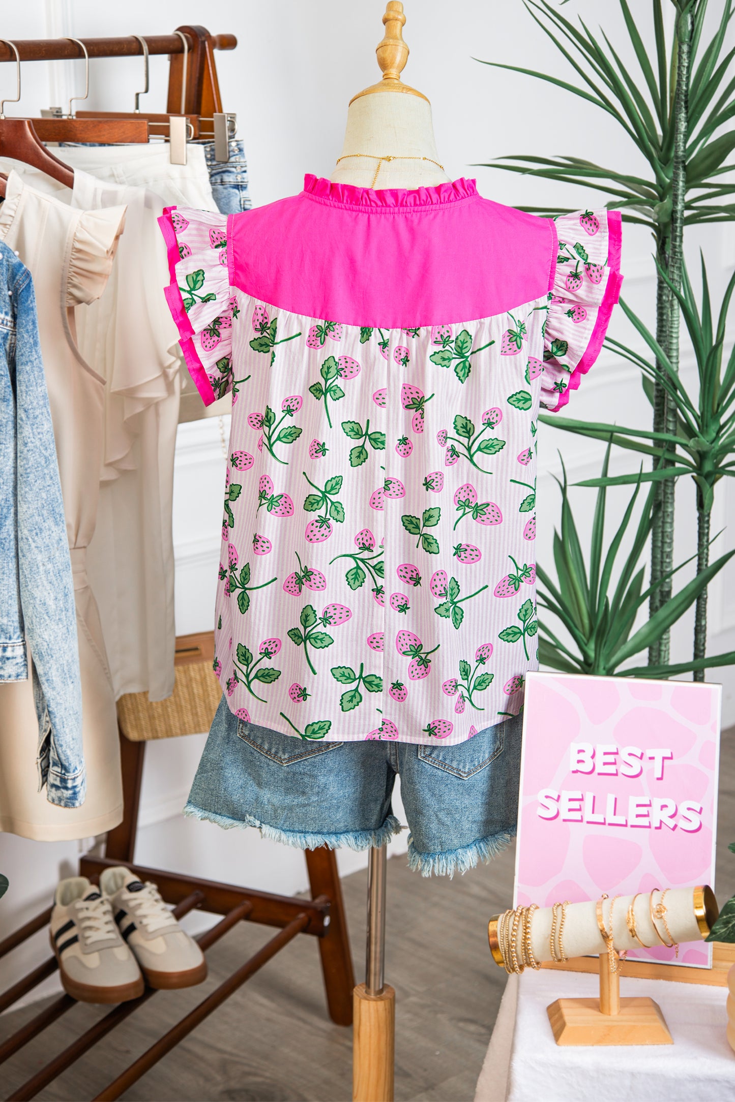 Pink Striped Strawberry Printed Color Block Patchwork V Neck Flutter Sleeve Blouse-Tops/Blouses & Shirts-[Adult]-[Female]-2022 Online Blue Zone Planet