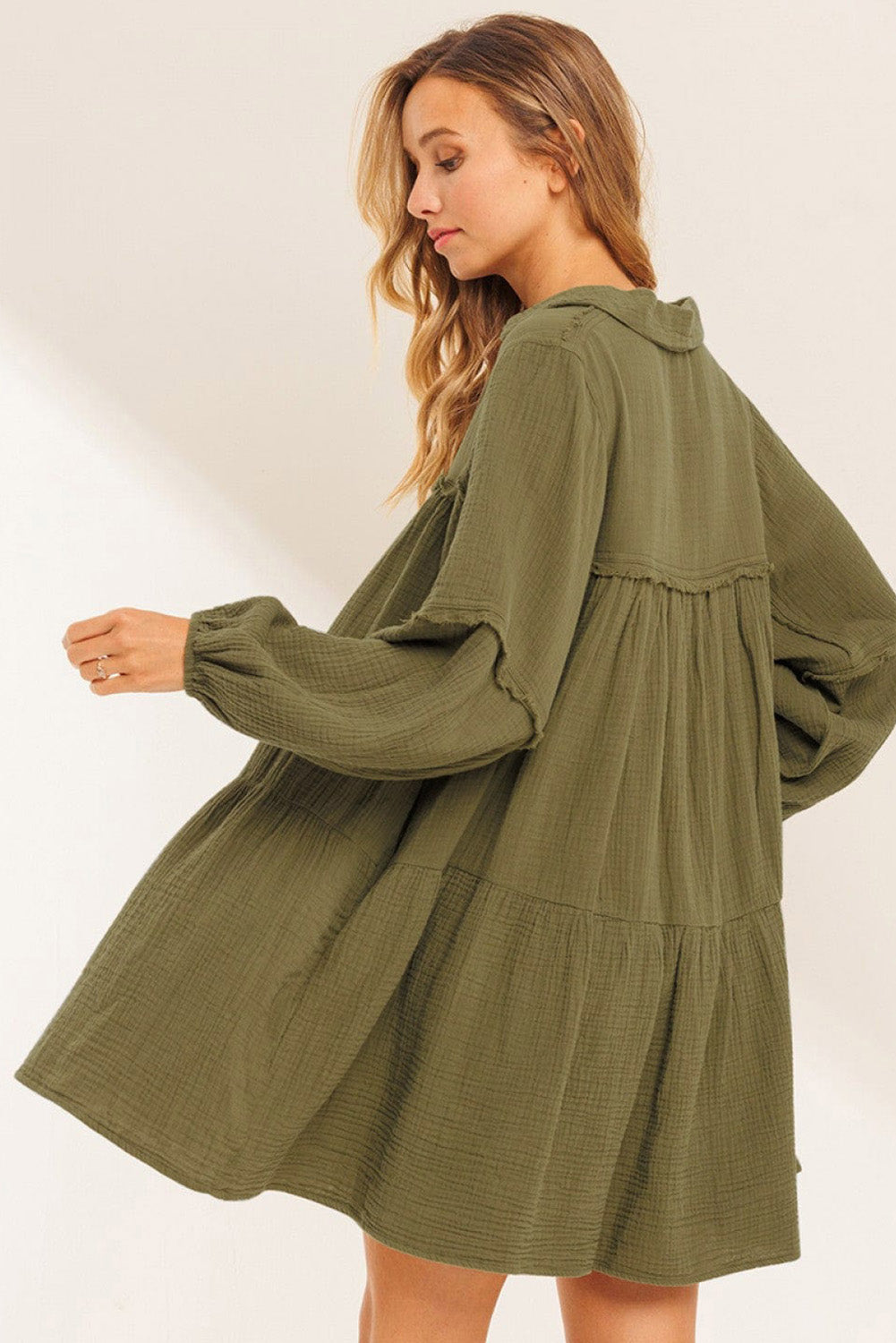 Blue Zone Planet | Green Frayed Trim Split Neck Puff Sleeve Flared Dress-TOPS / DRESSES-[Adult]-[Female]-2022 Online Blue Zone Planet