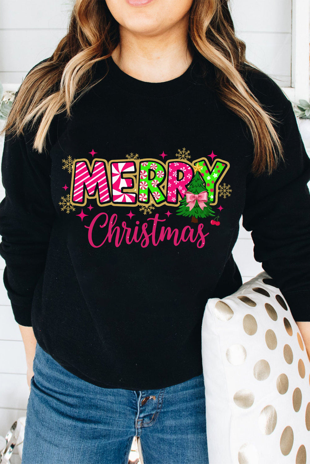 Black MERRY Christmas Playful Letter Print Drop Shoulder Sweatshirt-Graphic/Graphic Sweatshirts-[Adult]-[Female]-2022 Online Blue Zone Planet