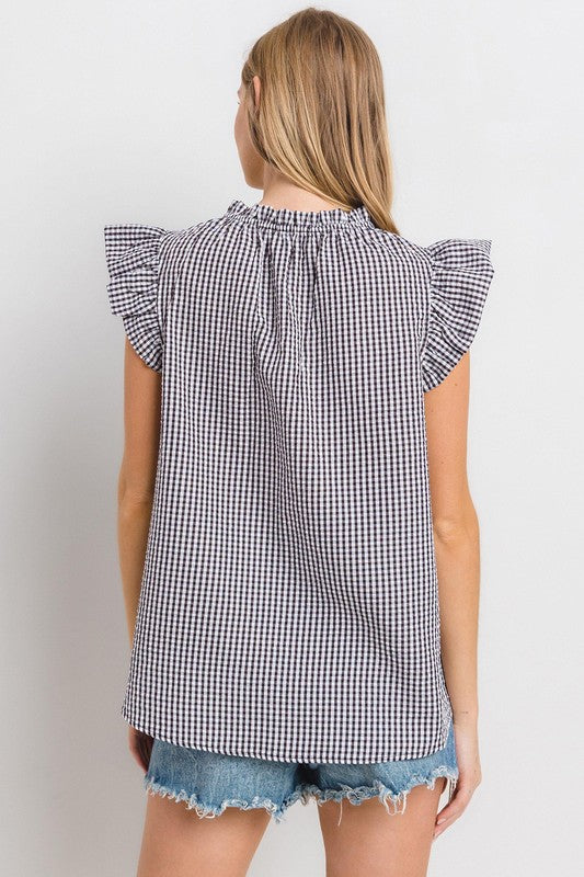 Ces Femme Plaid Notched Ruffled Cap Sleeve Blouse-TOPS / DRESSES-[Adult]-[Female]-2022 Online Blue Zone Planet