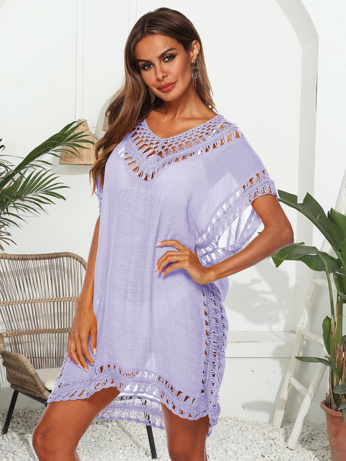 Cutout V-Neck Short Sleeve Cover-Up-TOPS / DRESSES-[Adult]-[Female]-Lavender-One Size-2022 Online Blue Zone Planet