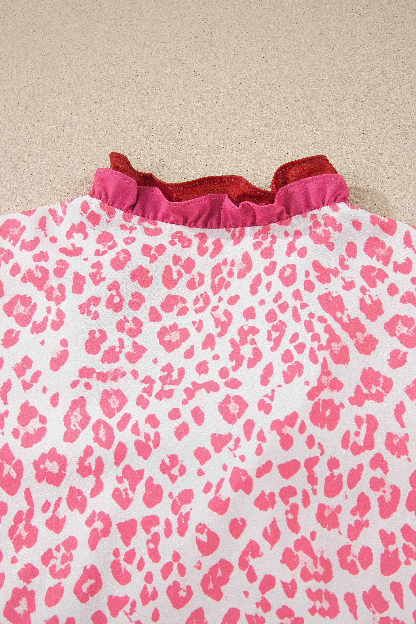 Pink Stripe Ruffled Trim V Neck Leopard Print Short Sleeve Blouse-Tops/Blouses & Shirts-[Adult]-[Female]-2022 Online Blue Zone Planet