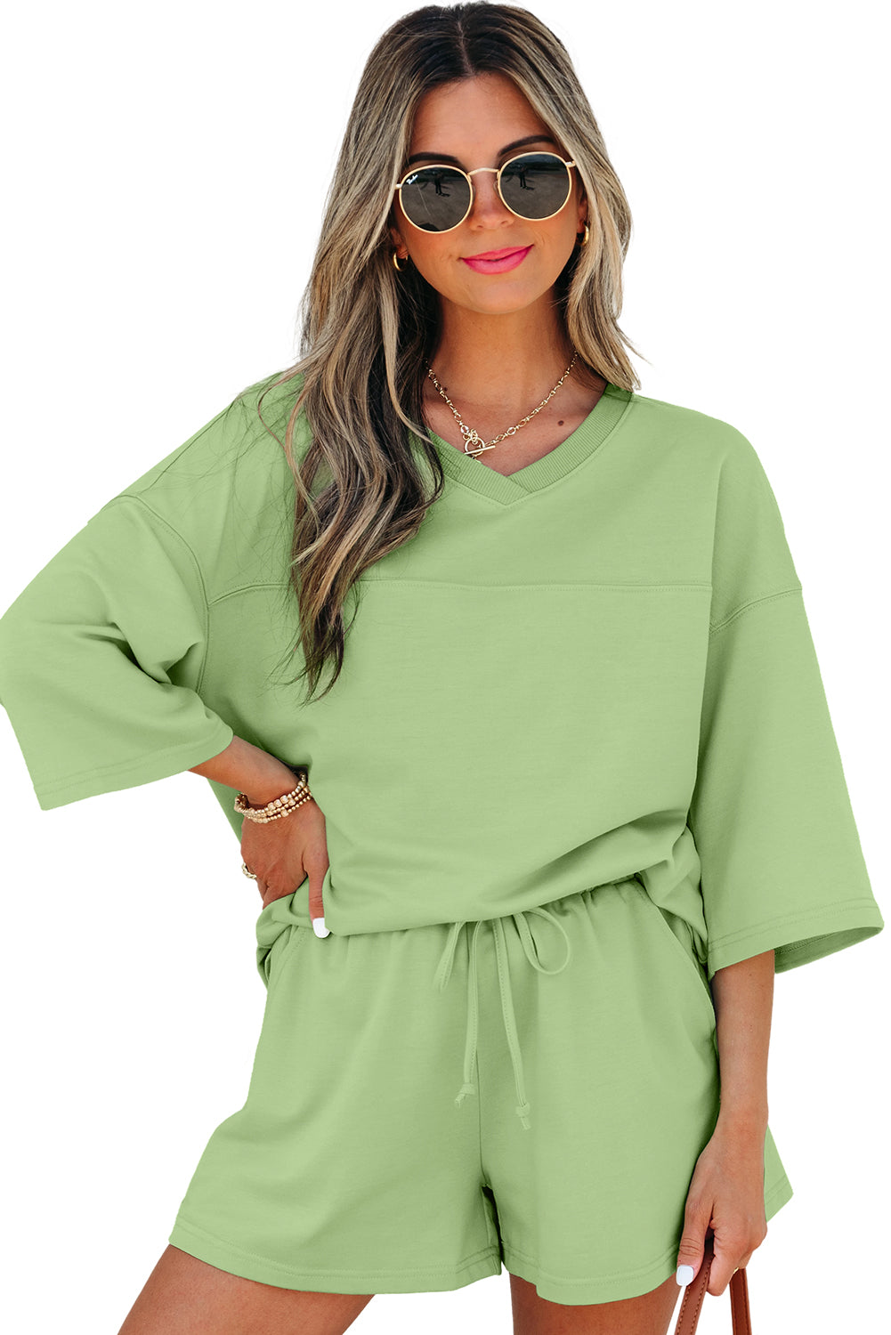 Meadow Mist Green Solid Loose V Neck Half Sleeve Tee and Shorts-Two Piece Sets/Short Sets-[Adult]-[Female]-2022 Online Blue Zone Planet