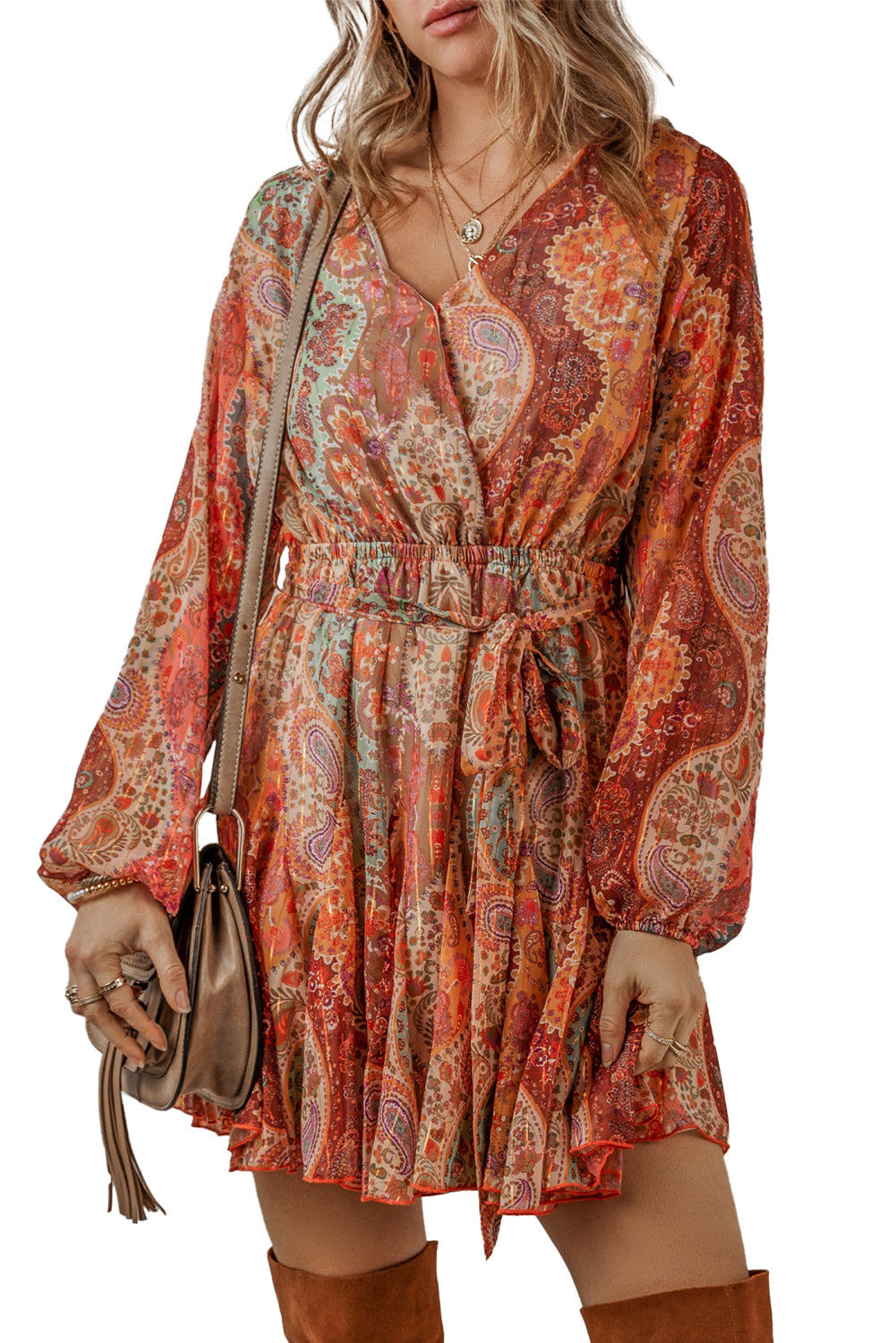 Blue Zone Planet | Orange Boho Paisley Print Long Sleeve Pleated Belted Mini Dress-TOPS / DRESSES-[Adult]-[Female]-2022 Online Blue Zone Planet