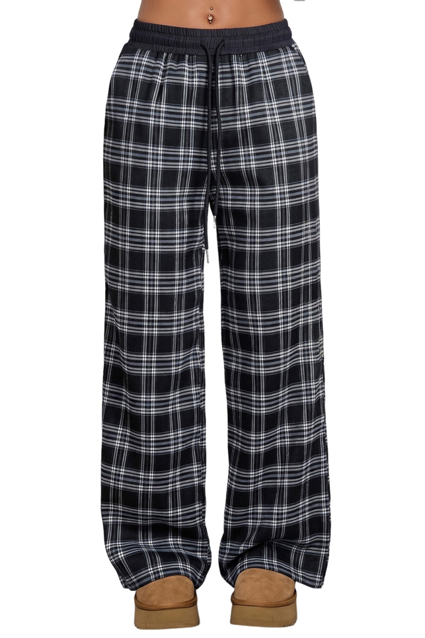 Black Frenchy Plaid Pattern Contrast Drawstring Waist Wide Leg Pants