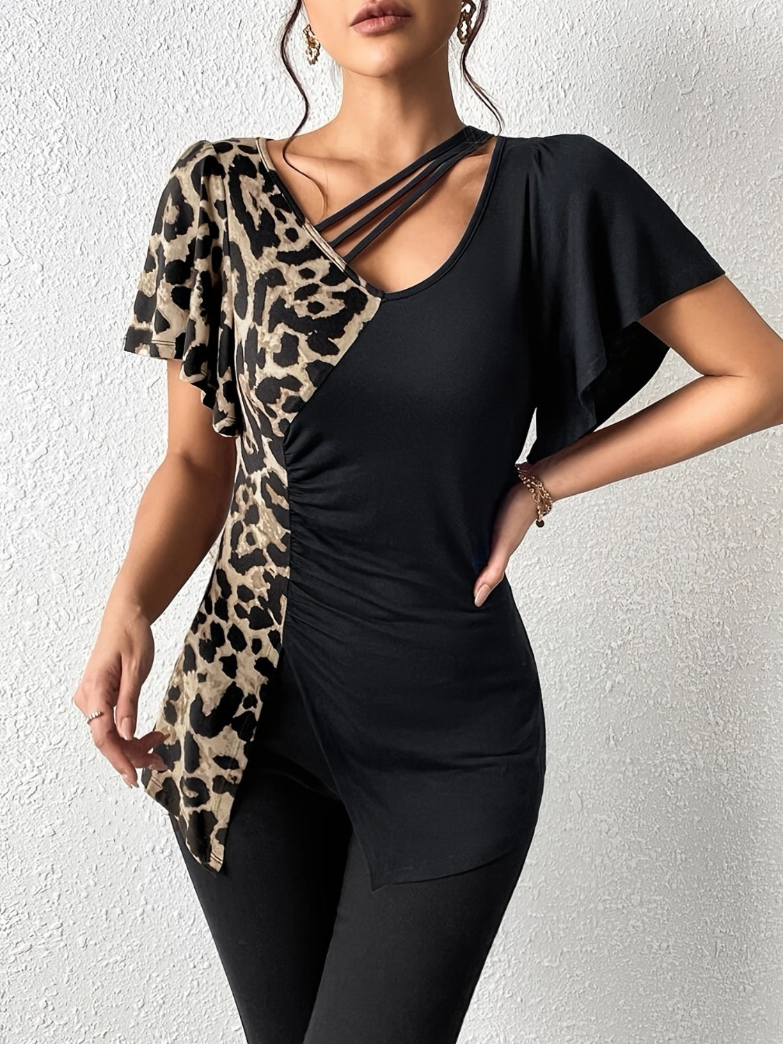 Ruched Leopard Flutter Sleeve T-Shirt-TOPS / DRESSES-[Adult]-[Female]-Black-S-2022 Online Blue Zone Planet