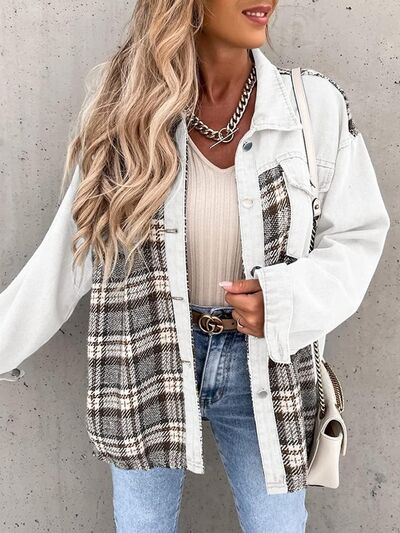 Plaid Button Up Dropped Shoulder Jacket BLUE ZONE PLANET