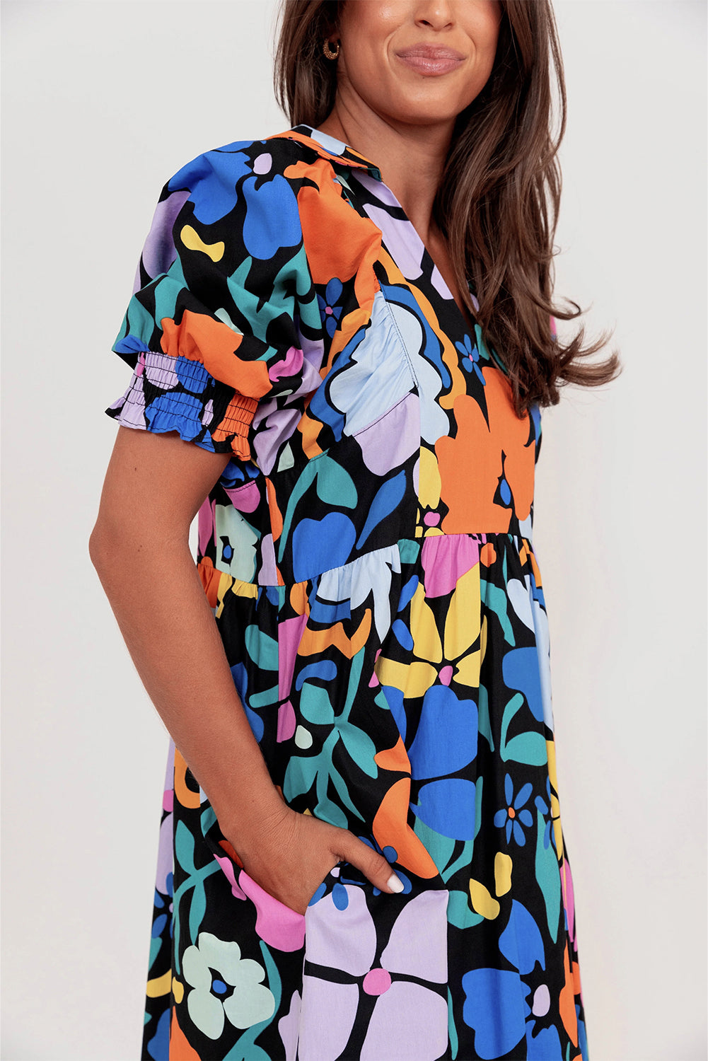 Blue Collared Split Neck Floral Flared Dress-TOPS / DRESSES-[Adult]-[Female]-2022 Online Blue Zone Planet