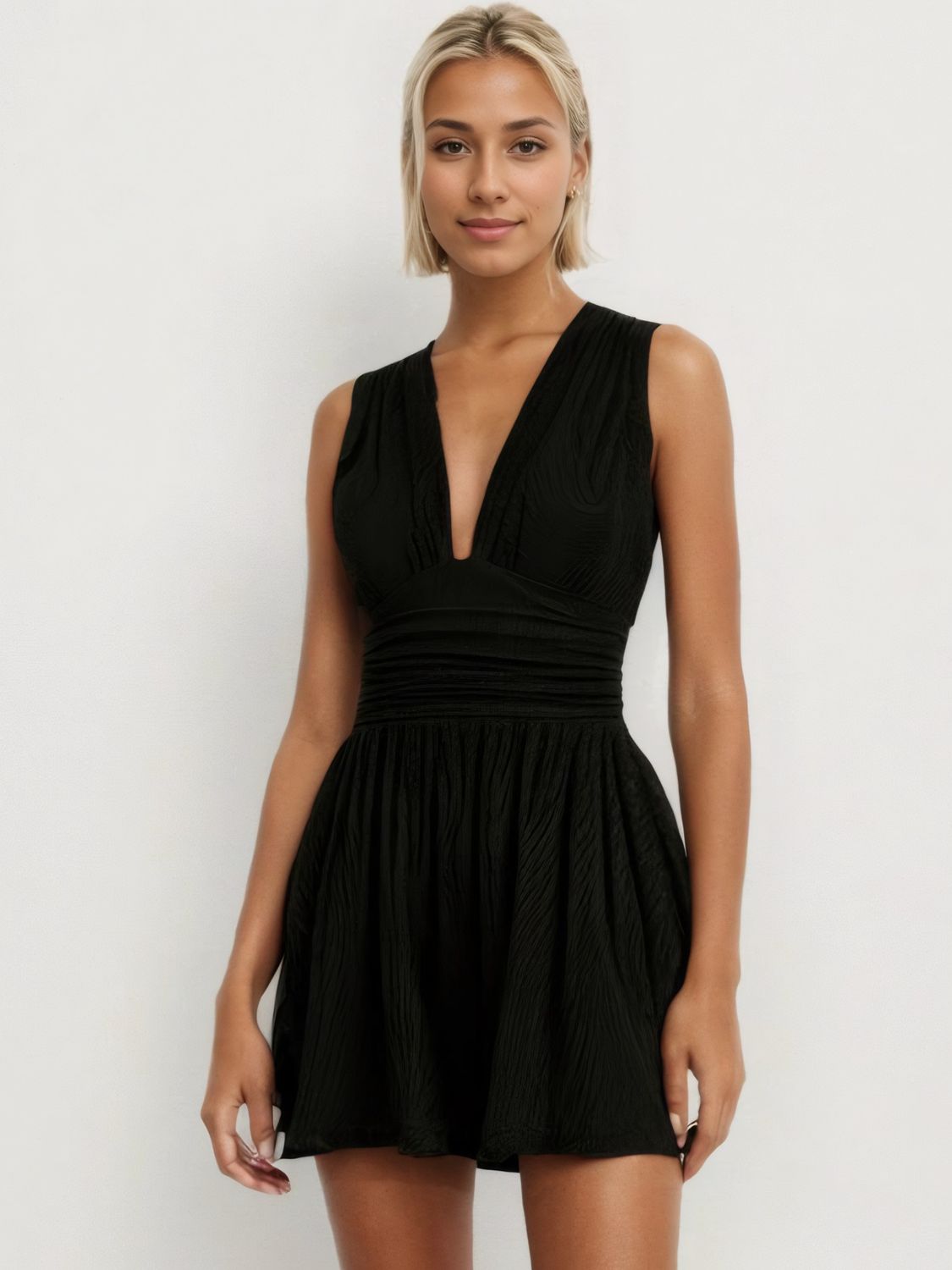 Ruched Plunge Sleeveless Romper-TOPS / DRESSES-[Adult]-[Female]-Black-S-2022 Online Blue Zone Planet