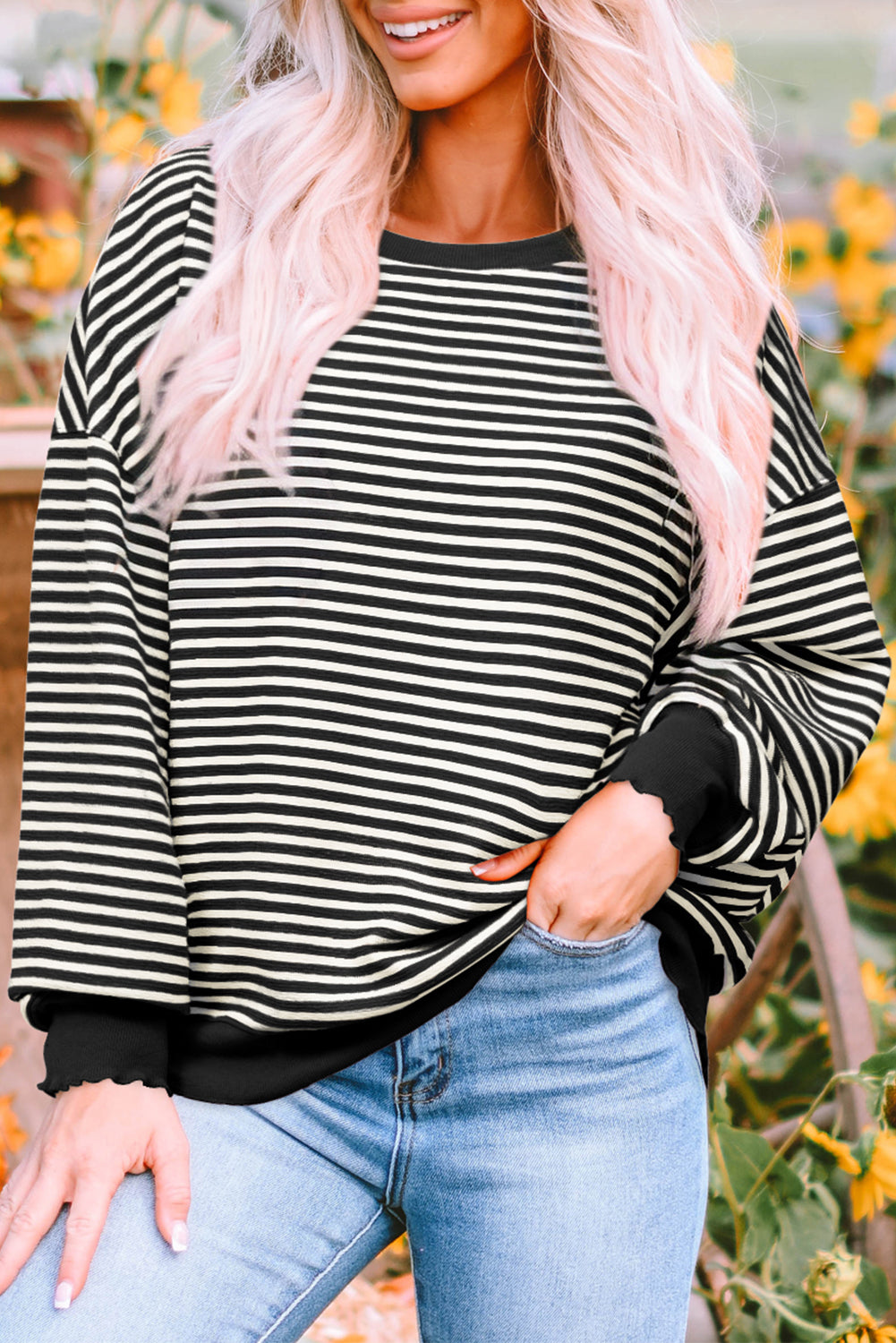 Blue Zone Planet | Pink Stripe Loose Drop Shoulder Long Sleeve Top-Tops/Long Sleeve Tops-[Adult]-[Female]-Black Stripe-S-2022 Online Blue Zone Planet