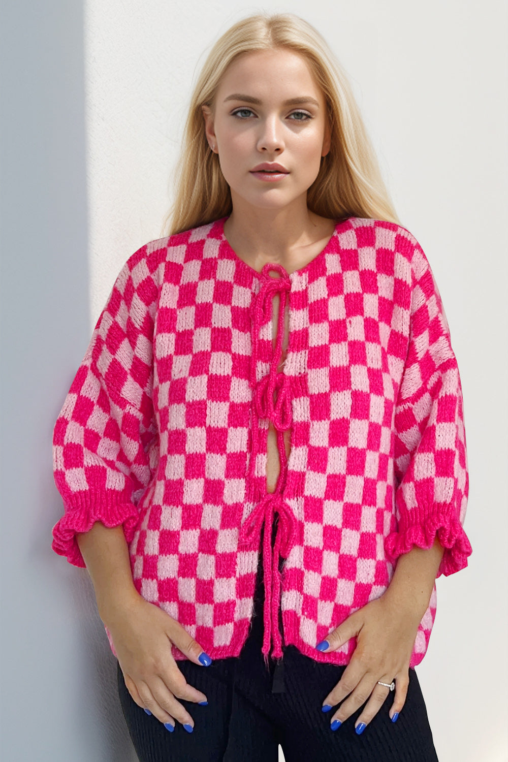 Double Take Tied Checkered Dropped Shoulder Flounce Sleeve Cardigan-TOPS / DRESSES-[Adult]-[Female]-2022 Online Blue Zone Planet