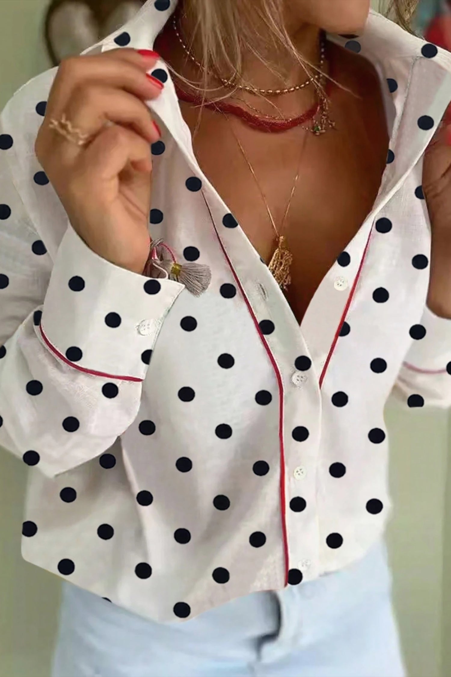 White Polka Dot Print Contrast Piping Elegant Shirt-Tops/Blouses & Shirts-[Adult]-[Female]-2022 Online Blue Zone Planet