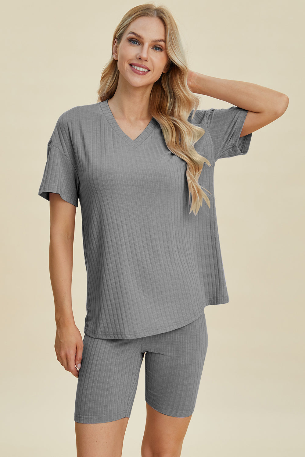 Basic Bae Full Size Ribbed V-Neck Short Sleeve Top and Shorts Set-TOPS / DRESSES-[Adult]-[Female]-Gray-S-2022 Online Blue Zone Planet