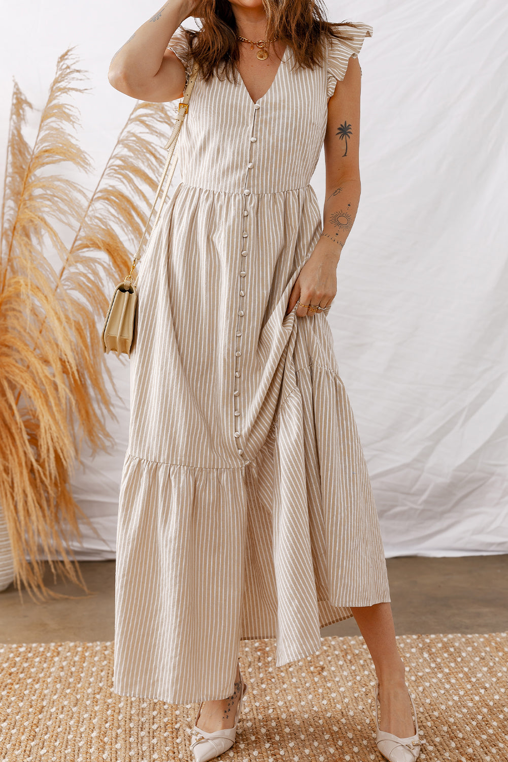 Khaki Stripe Flutter Sleeve Buttoned Front Slit Maxi Dress-TOPS / DRESSES-[Adult]-[Female]-2022 Online Blue Zone Planet