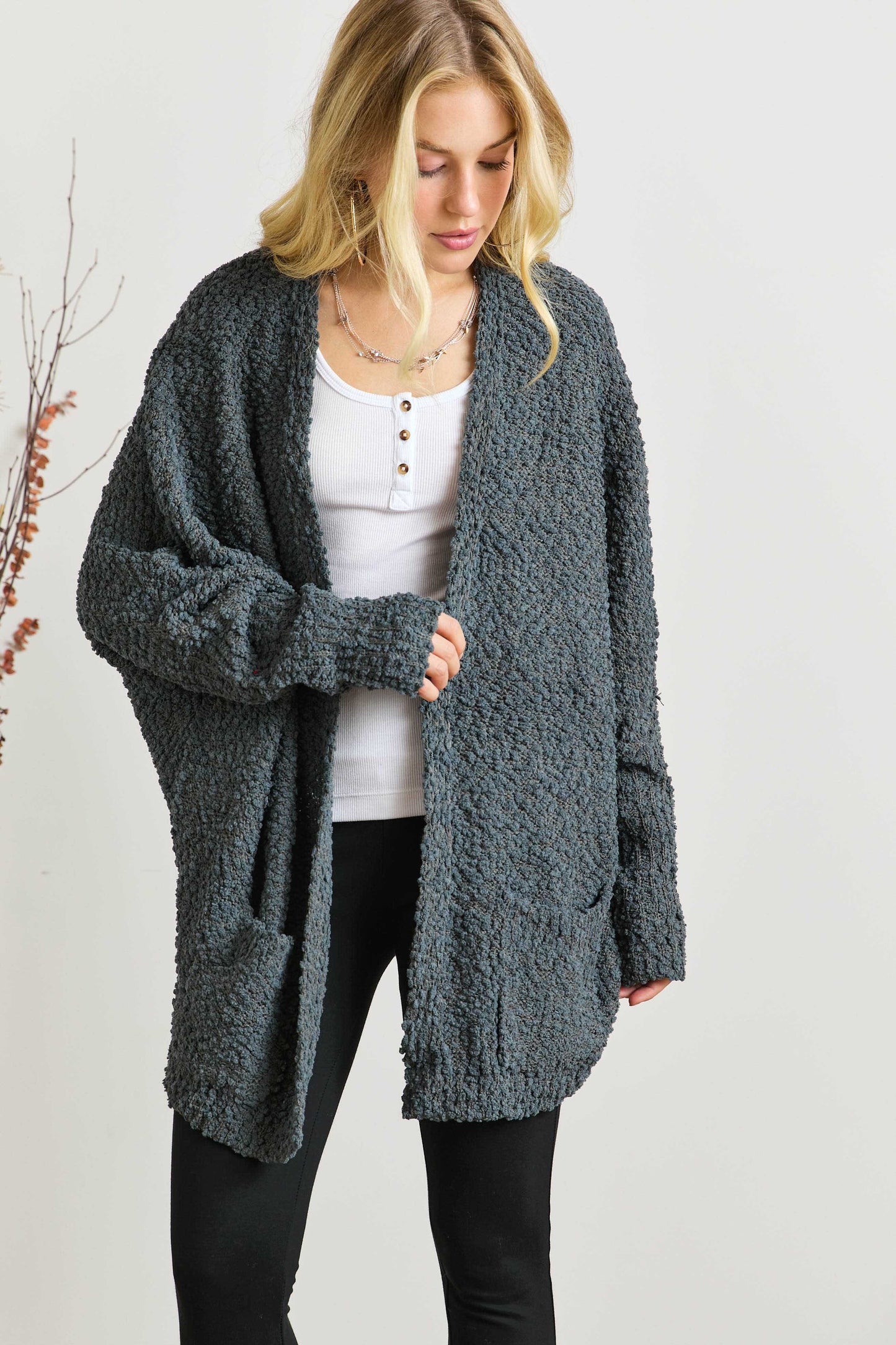 ADORA Popcorn Knit Open Front Long Sleeve Cardigan-TOPS / DRESSES-[Adult]-[Female]-DARK OLIVE-One Size-2022 Online Blue Zone Planet