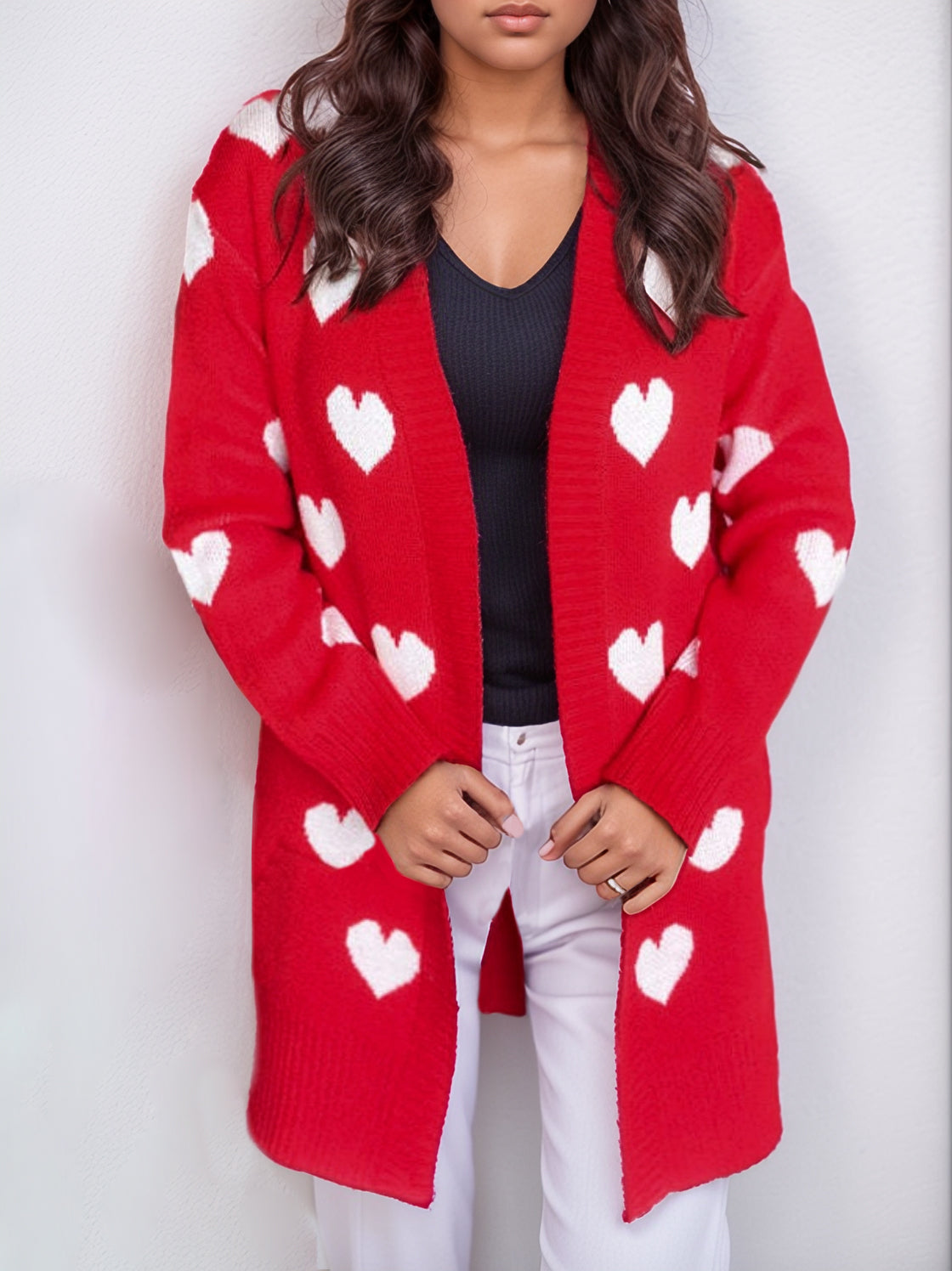 Heart Open Front Long Sleeve Cardigan-TOPS / DRESSES-[Adult]-[Female]-Red-One Size-2022 Online Blue Zone Planet