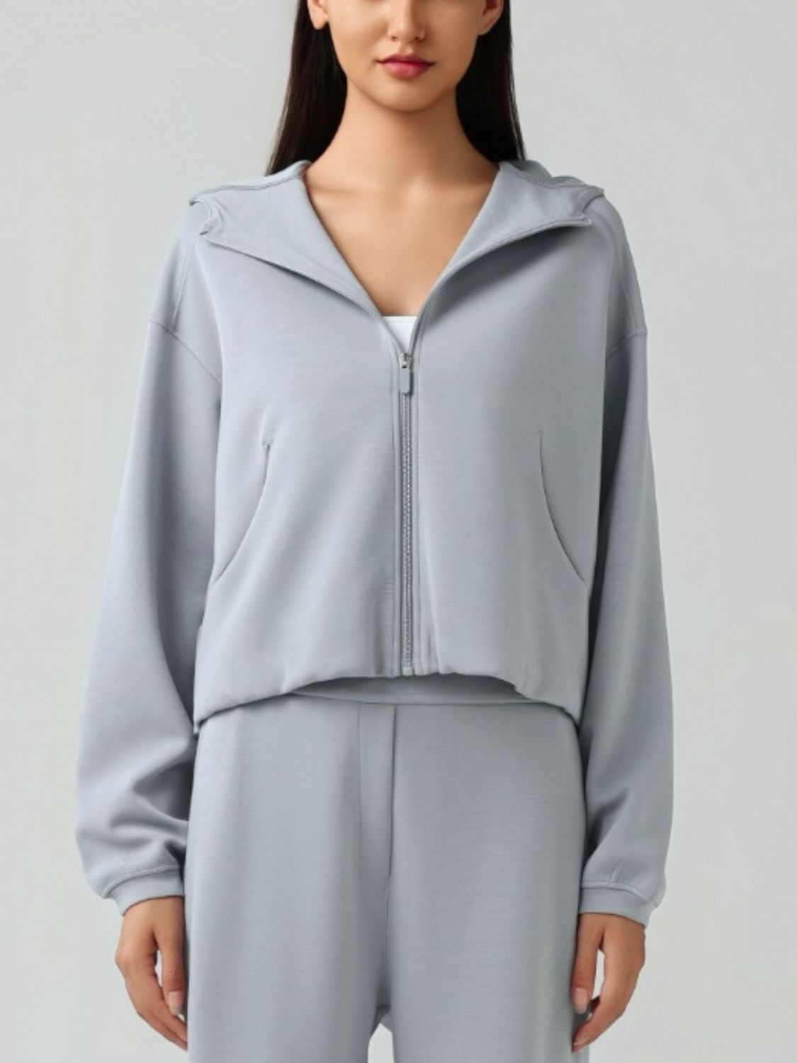 Zip Up Dropped Shouder Active Hooded-TOPS / DRESSES-[Adult]-[Female]-Gray-4-2022 Online Blue Zone Planet