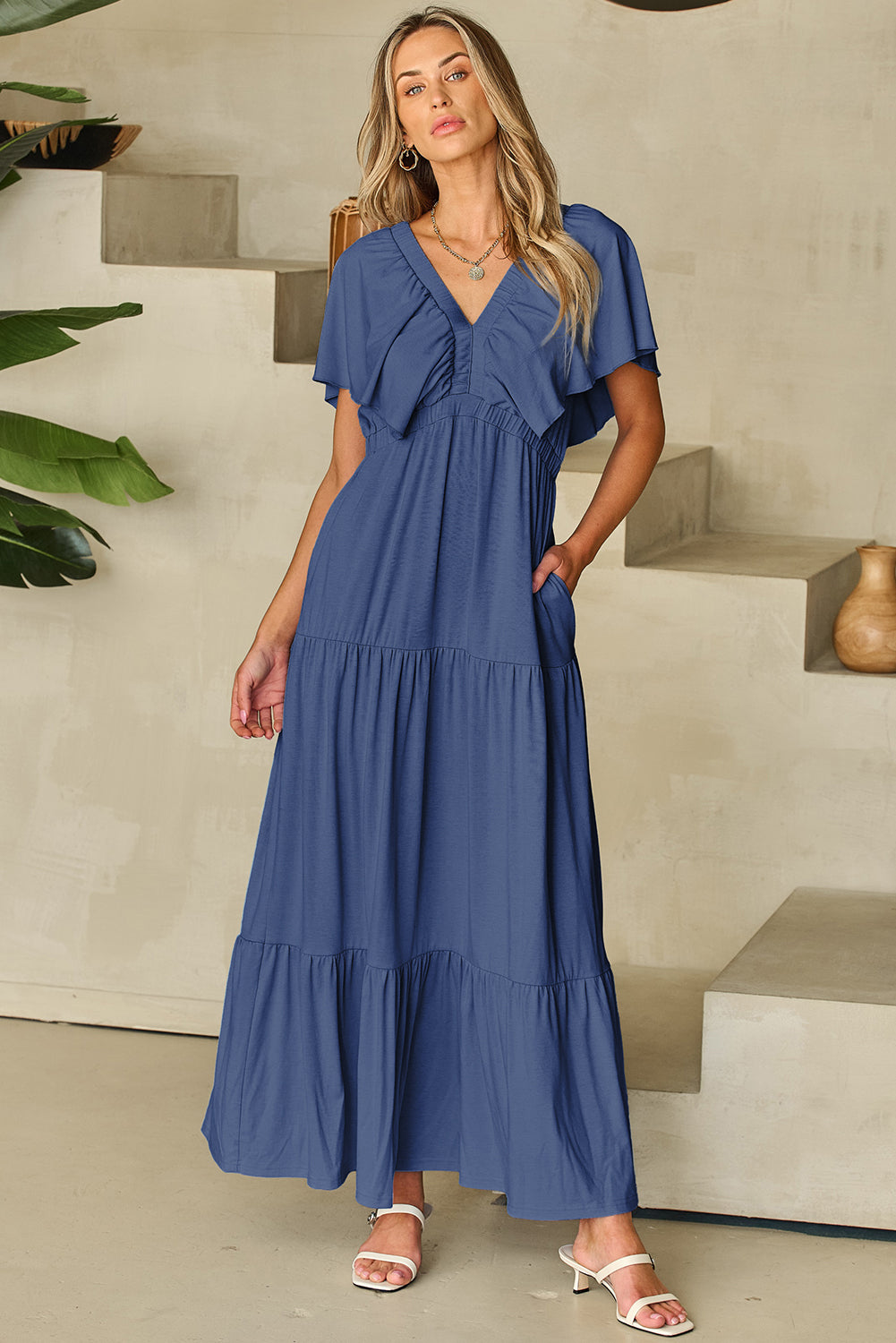 Navy Blue Textured V Neck Flutter Sleeve Ruffled Maxi Dress-TOPS / DRESSES-[Adult]-[Female]-2022 Online Blue Zone Planet