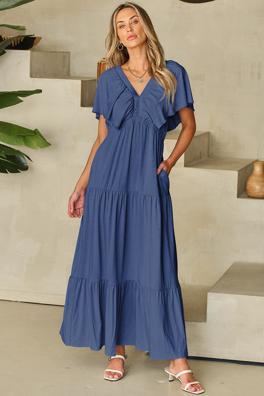 Navy Blue Textured V Neck Flutter Sleeve Ruffled Maxi Dress-TOPS / DRESSES-[Adult]-[Female]-2022 Online Blue Zone Planet