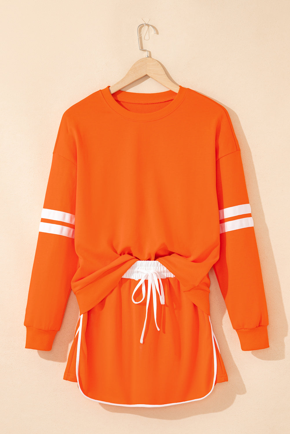 Orange Varsity Stripe Detail Drop Shoulder Pullover Mini Skirt Set-Two Piece Sets/Two Piece Dresses-[Adult]-[Female]-2022 Online Blue Zone Planet