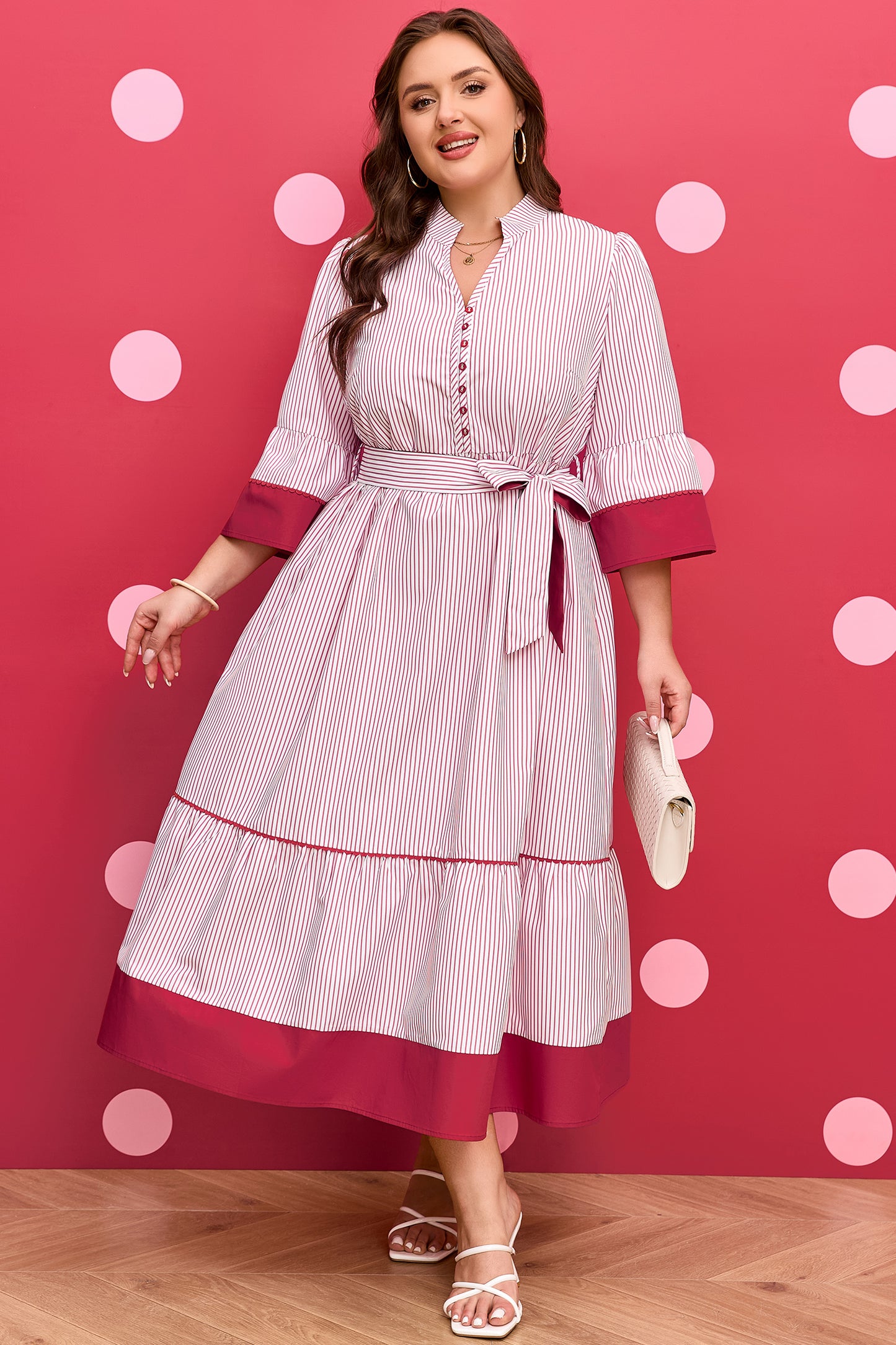 Red Stripe Plus Size Ruffled Hem Pinstriped Midi Dress-TOPS / DRESSES-[Adult]-[Female]-2022 Online Blue Zone Planet