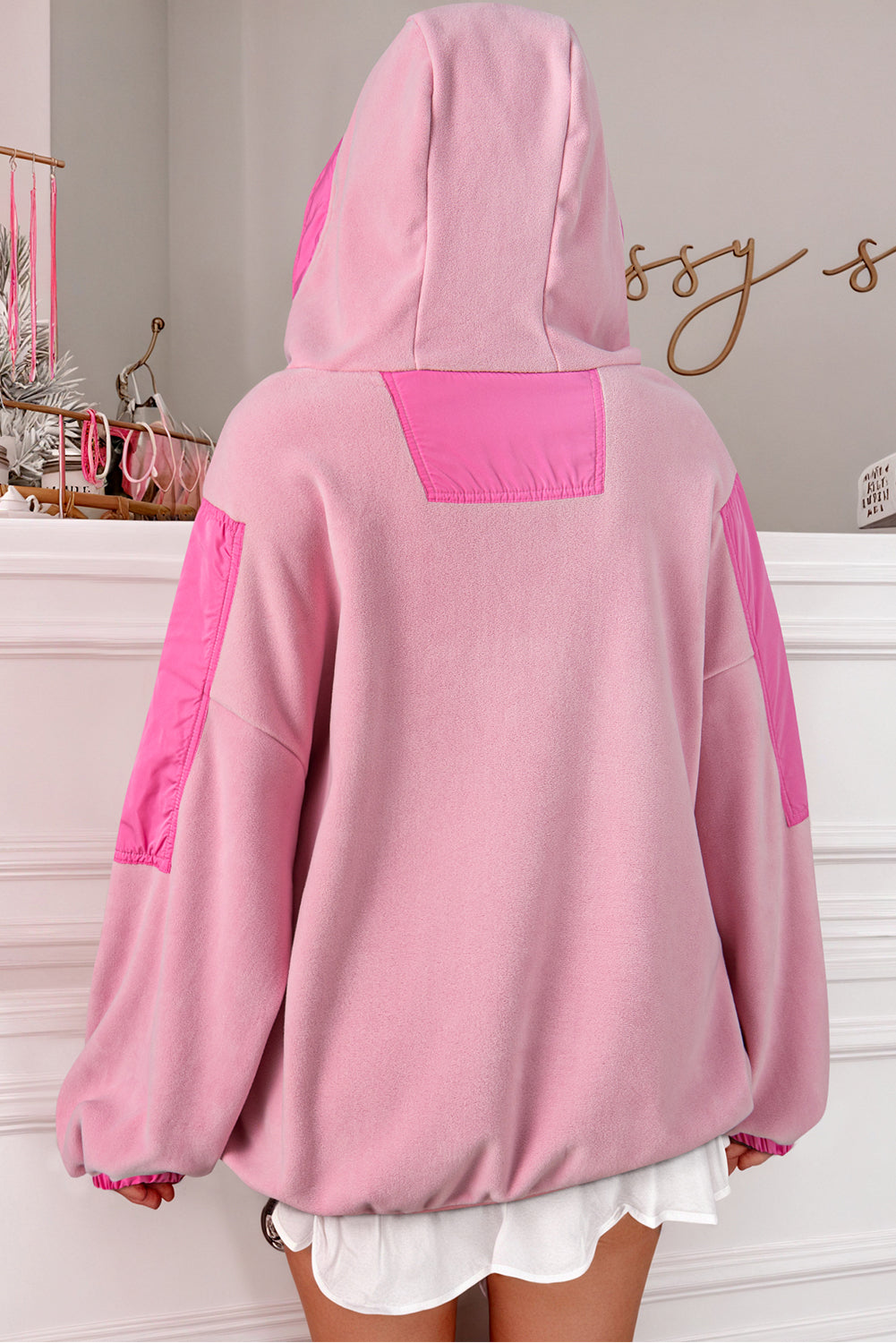 Blue Zone Planet | Pink Colorblock Patchwork Half Zip Oversized Sherpa Hoodie-Tops / Dresses-[Adult]-[Female]-2022 Online Blue Zone Planet