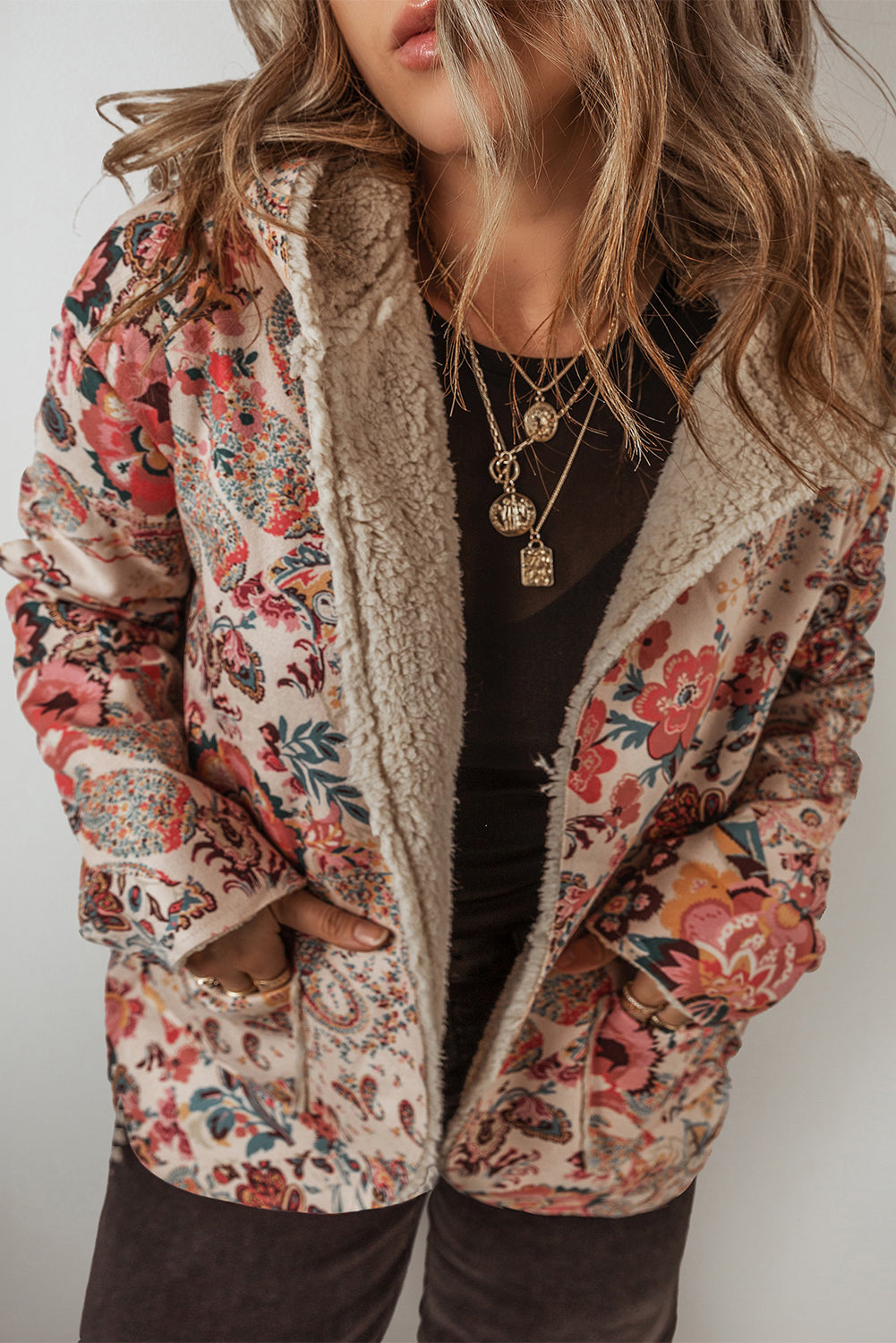 Blue Zone Planet | Beige Vintage Paisley Floral Printed Sherpa Lined Hooded Jacket-Outerwear/Jackets-[Adult]-[Female]-2022 Online Blue Zone Planet