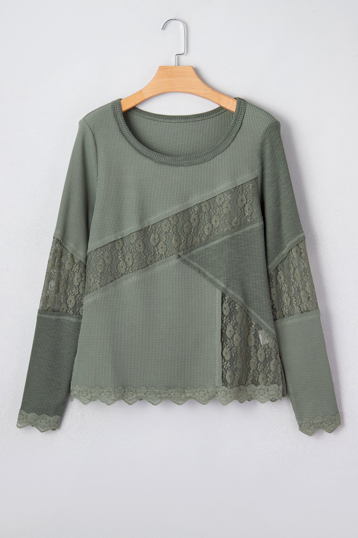 Sage Green Solid Color Waffle Ribbed Lace Patchwork Long Sleeve Top-Tops/Long Sleeve Tops-[Adult]-[Female]-2022 Online Blue Zone Planet