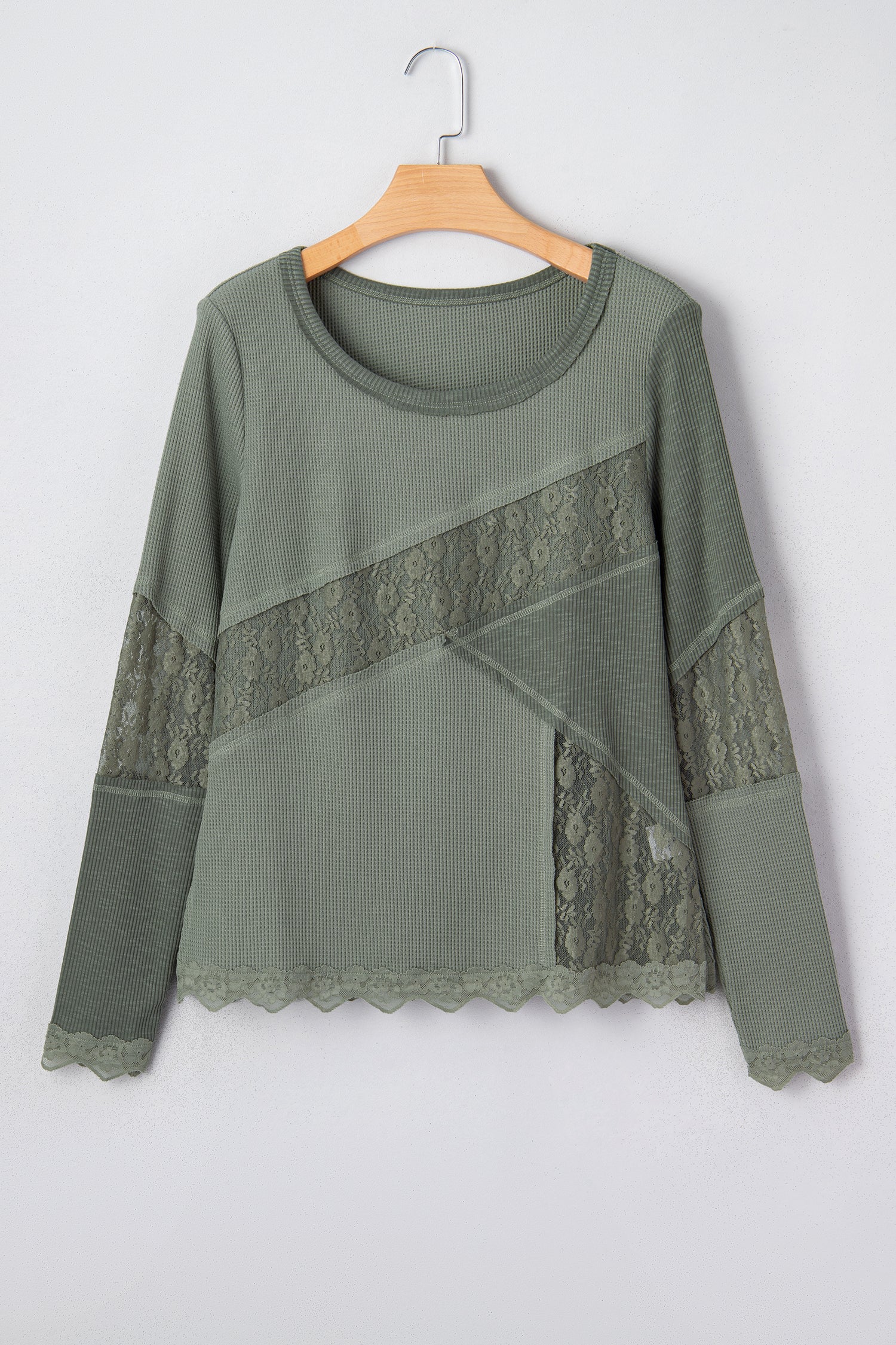 Sage Green Solid Color Waffle Ribbed Lace Patchwork Long Sleeve Top-Tops/Long Sleeve Tops-[Adult]-[Female]-2022 Online Blue Zone Planet