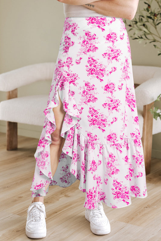 Rose Boho Floral High Waist Ruffle Split Maxi Skirt-Bottoms/Skirts & Petticoat-[Adult]-[Female]-Rose-S-2022 Online Blue Zone Planet