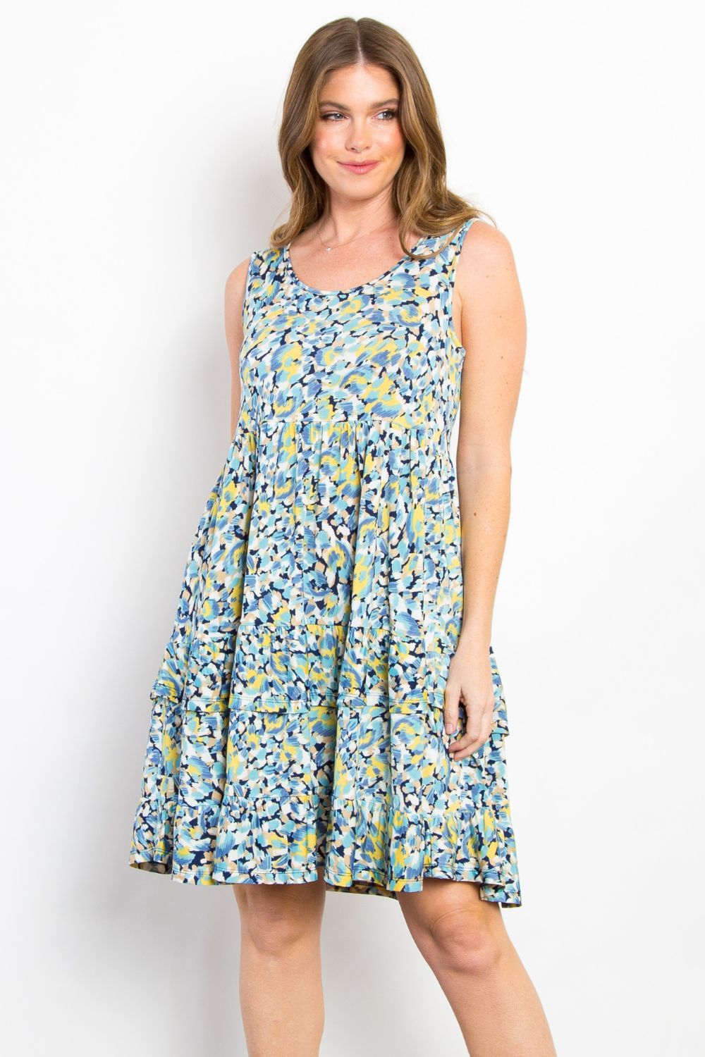 Be Stage Full Size Print Wrinkle Free Ruffled Dress-TOPS / DRESSES-[Adult]-[Female]-2022 Online Blue Zone Planet