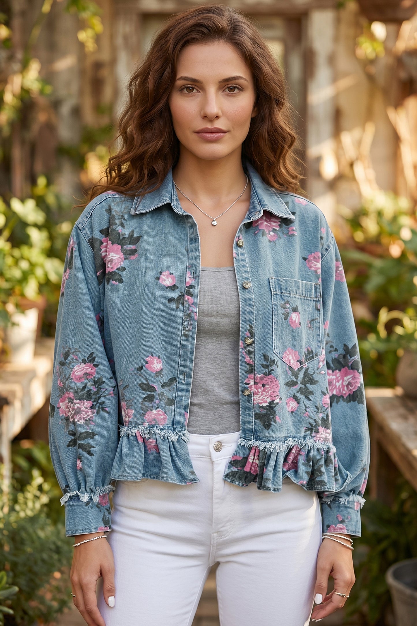 Sky Blue Floral Print Raw Seam Ruffle Hem Denim Jacket-Outerwear/Denim jackets-[Adult]-[Female]-2022 Online Blue Zone Planet