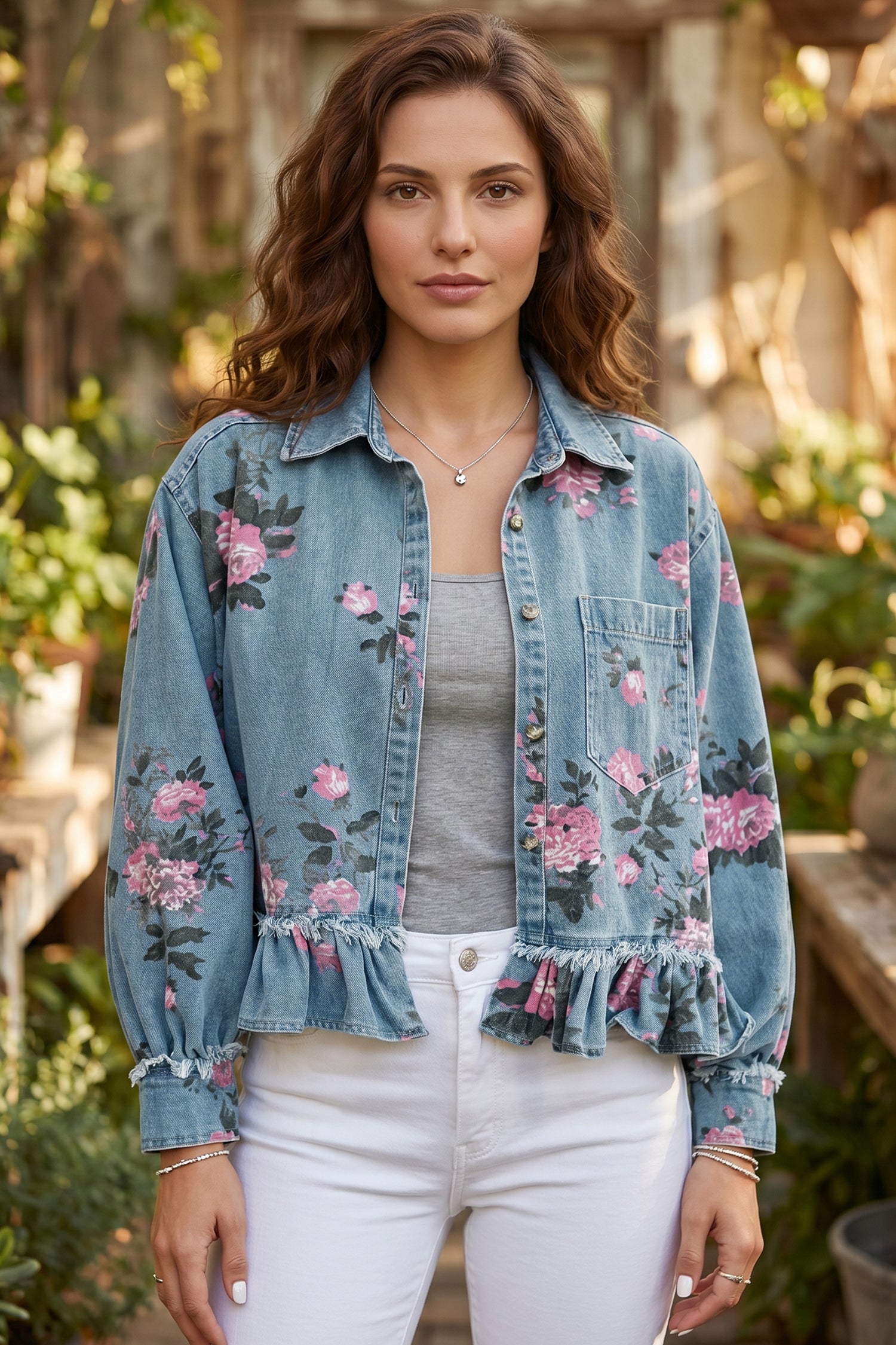Sky Blue Floral Print Raw Seam Ruffle Hem Denim Jacket-Outerwear/Denim jackets-[Adult]-[Female]-2022 Online Blue Zone Planet