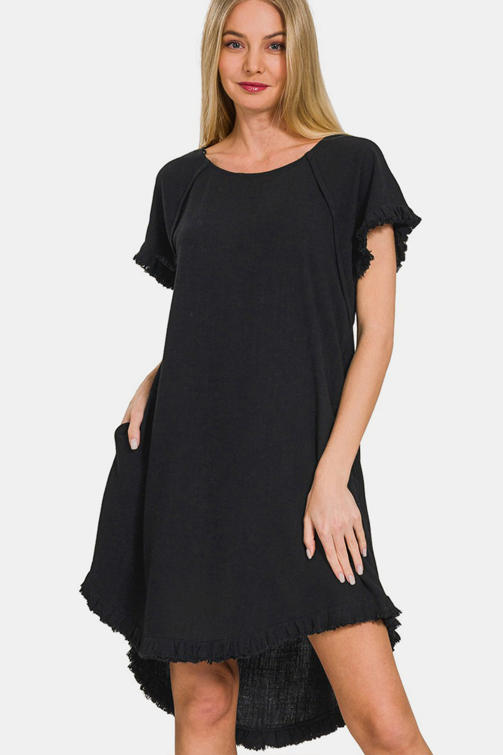 Zenana Fringe Edge High Low Flowy Dress with Pockets-TOPS / DRESSES-[Adult]-[Female]-Black-S-2022 Online Blue Zone Planet