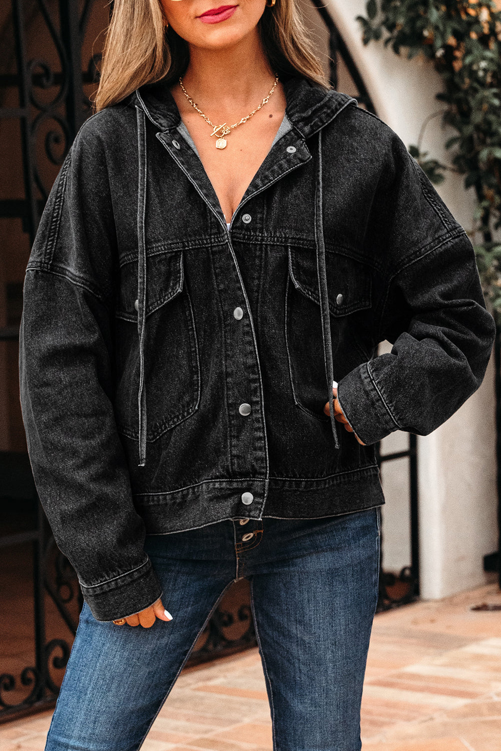 Black Big Chest Pocket Drop Shoulder Hooded Denim Jacket-Tops / Dresses-[Adult]-[Female]-2022 Online Blue Zone Planet