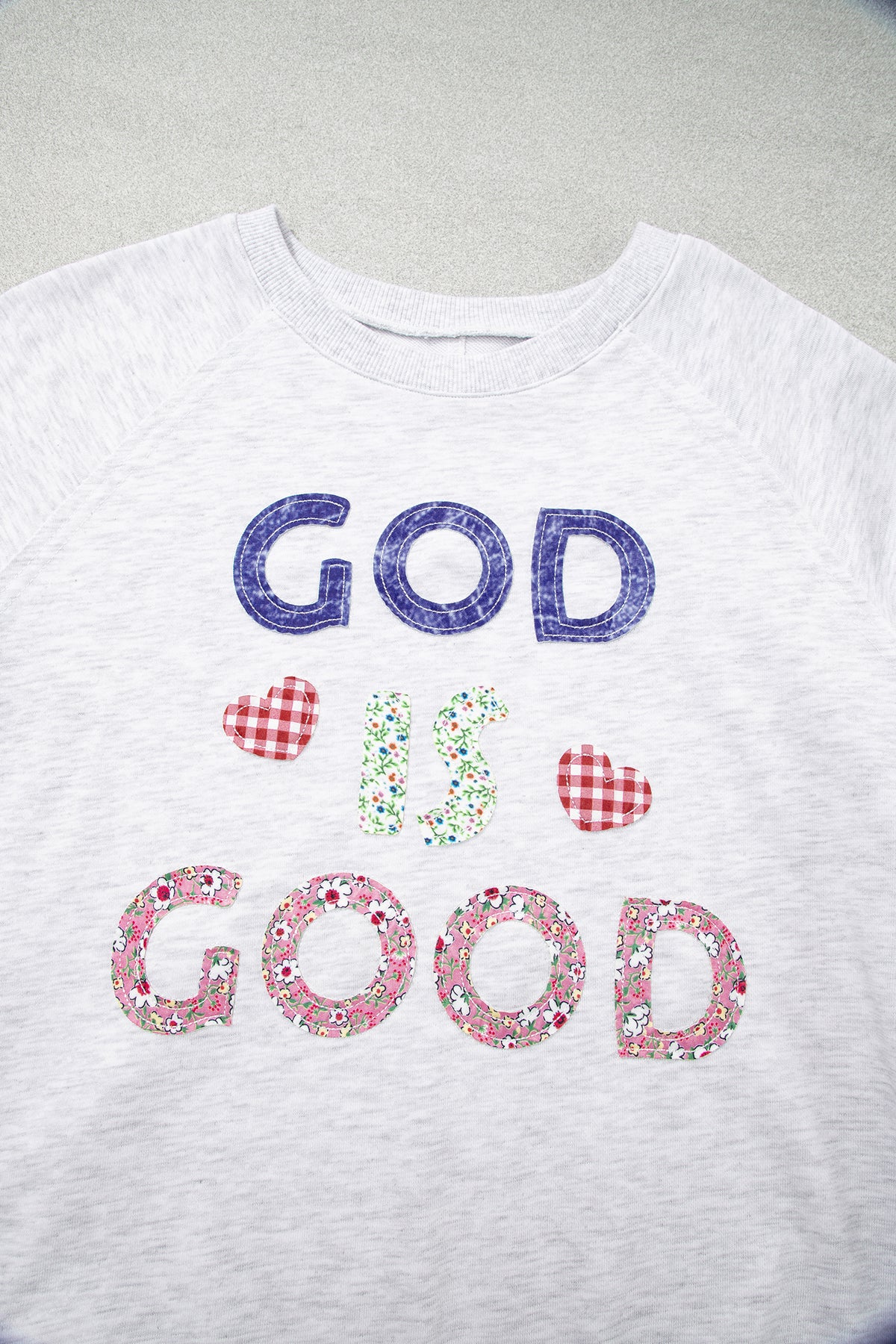 Light Grey GOD IS GOOD Patchwork Applique Relaxed 3/4 Sleeve Tunic Top-Tops/Tops & Tees-[Adult]-[Female]-2022 Online Blue Zone Planet