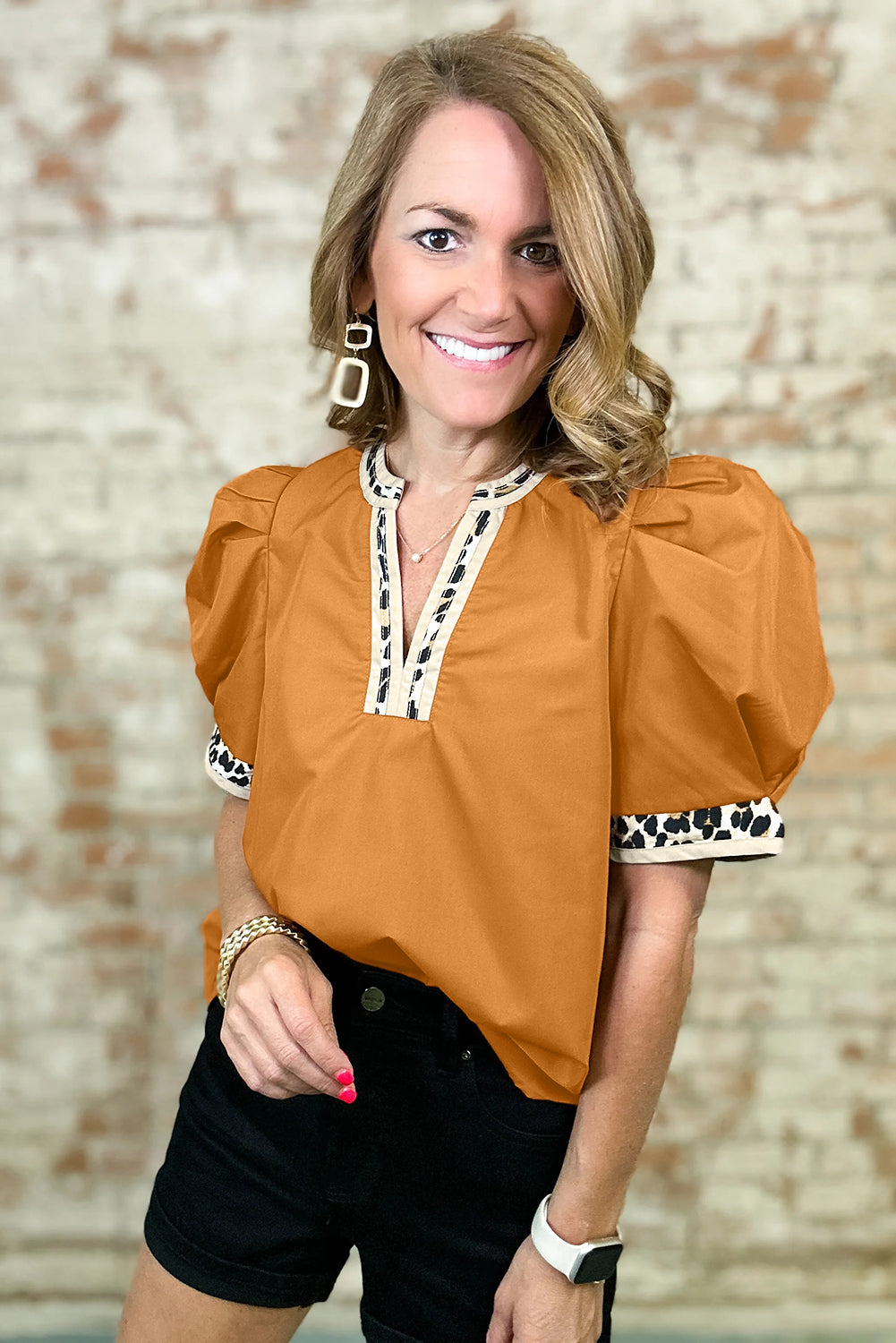 Buckskin Contrast Leopard Trim Split Neck Puff Sleeve Blouse-Tops/Blouses & Shirts-[Adult]-[Female]-2022 Online Blue Zone Planet