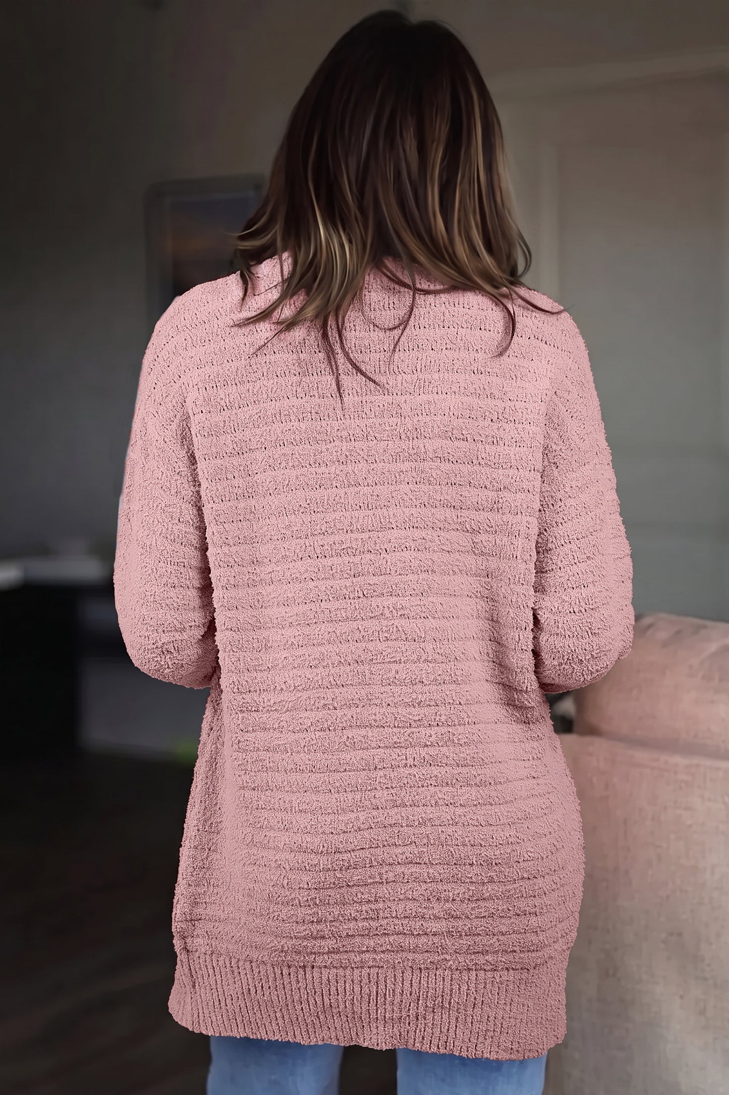 Light Pink Open Front Soft Fuzzy Ribbed Sweater Cardigan-TOPS / DRESSES-[Adult]-[Female]-2022 Online Blue Zone Planet