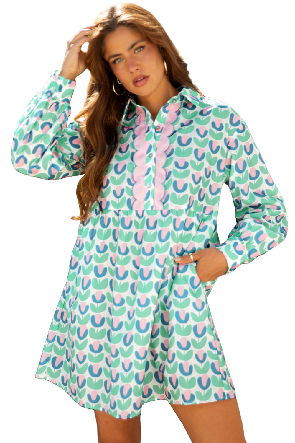 Green Floral Print Notched Neck Scalloped Detail Long Sleeve Mini Dress-TOPS / DRESSES-[Adult]-[Female]-2022 Online Blue Zone Planet