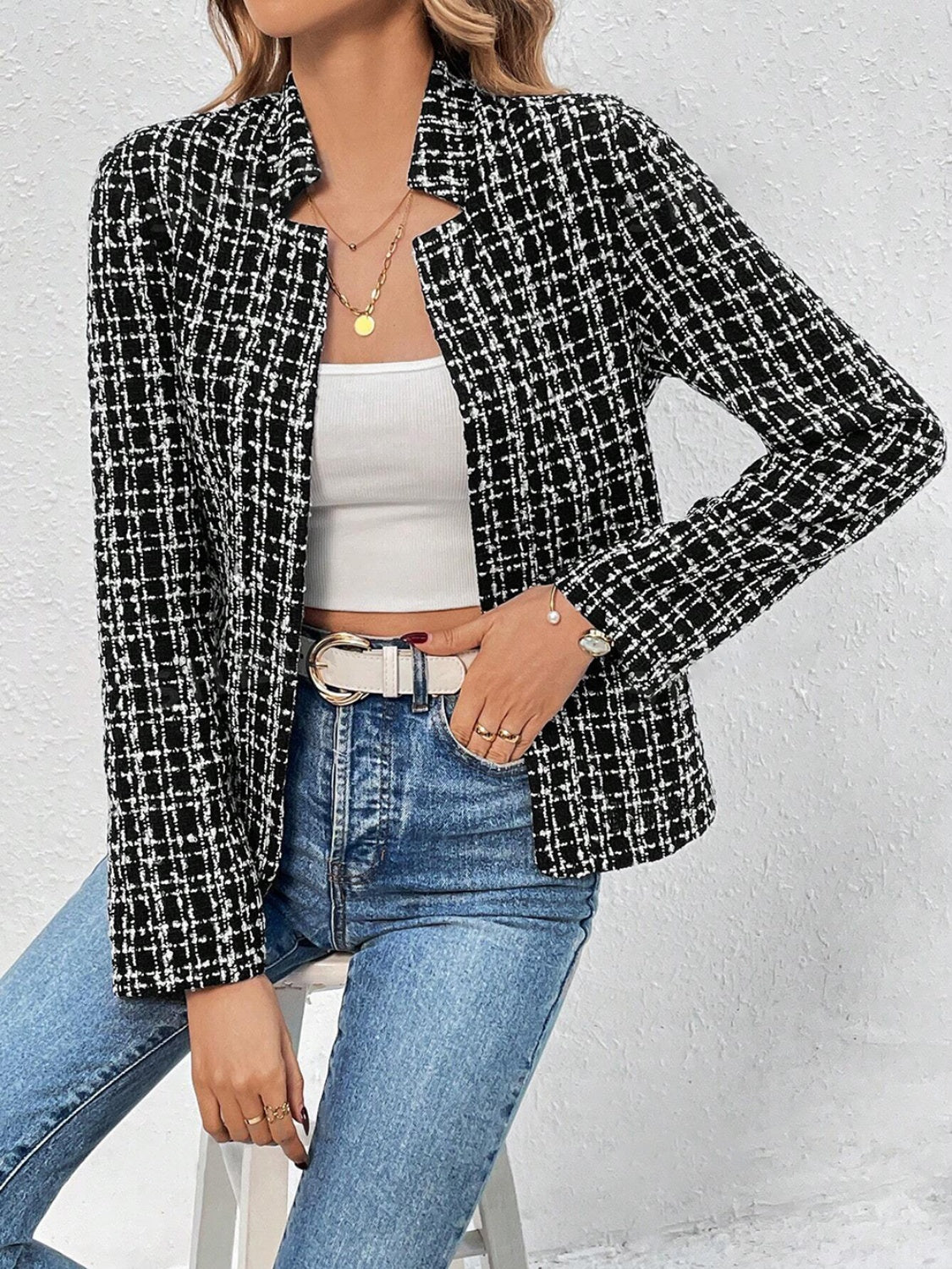 Plaid Open Front Long Sleeve Jacket-TOPS / DRESSES-[Adult]-[Female]-2022 Online Blue Zone Planet