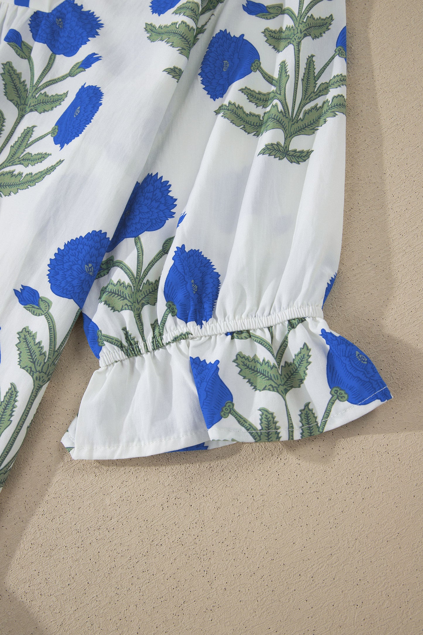Sky Blue Casual Wild Flower Print V Neck 3/4 Sleeve Blouse-Tops/Blouses & Shirts-[Adult]-[Female]-2022 Online Blue Zone Planet