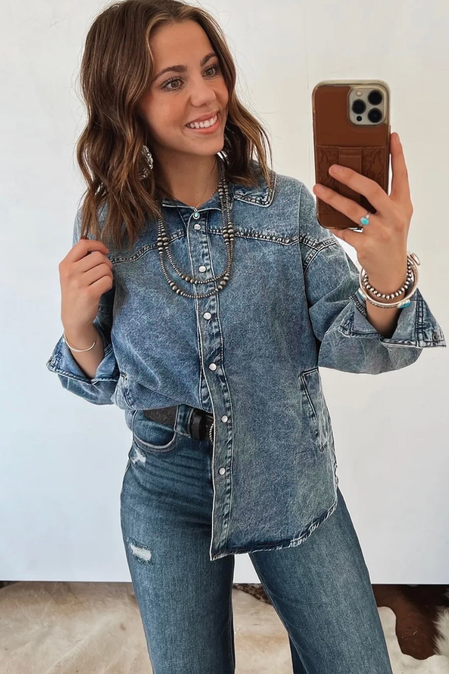 Dusk Blue Western Long Sleeve Shirt Collar Tunic Denim Jacket-Outerwear/Denim jackets-[Adult]-[Female]-2022 Online Blue Zone Planet