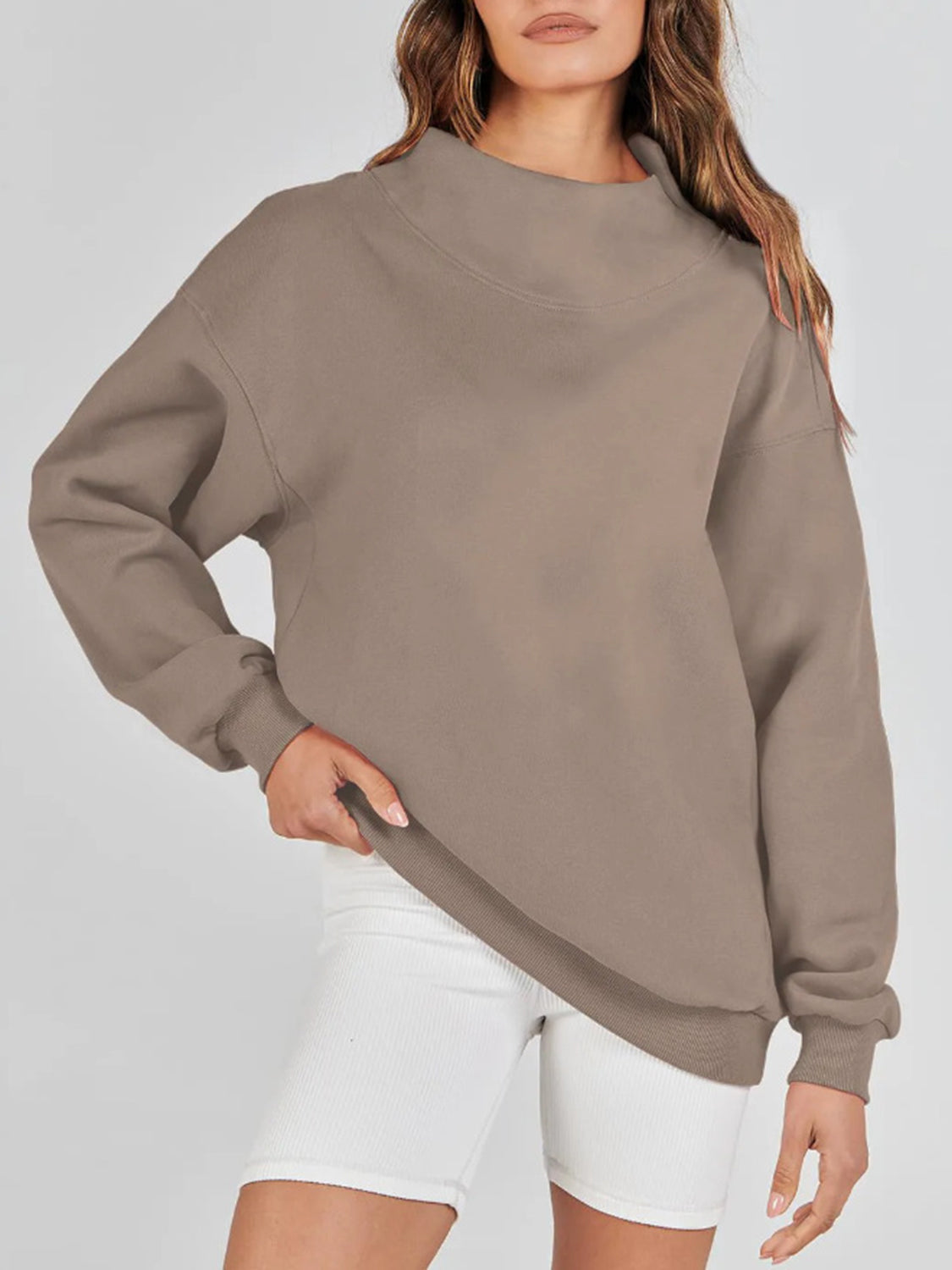 Blue Zone Planet | Mock Neck Drop Shoulder Long Sleeve Sweatshirt-TOPS / DRESSES-[Adult]-[Female]-2022 Online Blue Zone Planet