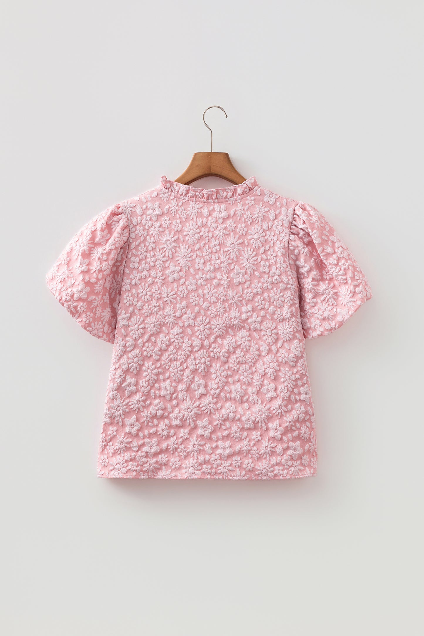 Iceland Blue Floral Textured Jacquard Puff Sleeve Blouse-Tops/Blouses & Shirts-[Adult]-[Female]-2022 Online Blue Zone Planet