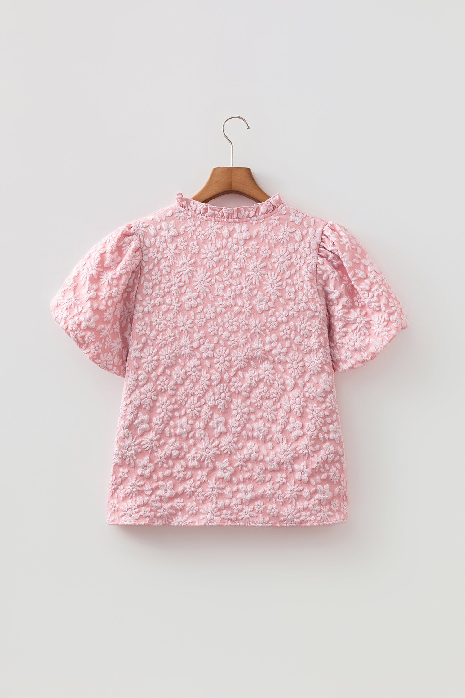 Iceland Blue Floral Textured Jacquard Puff Sleeve Blouse-Tops/Blouses & Shirts-[Adult]-[Female]-2022 Online Blue Zone Planet