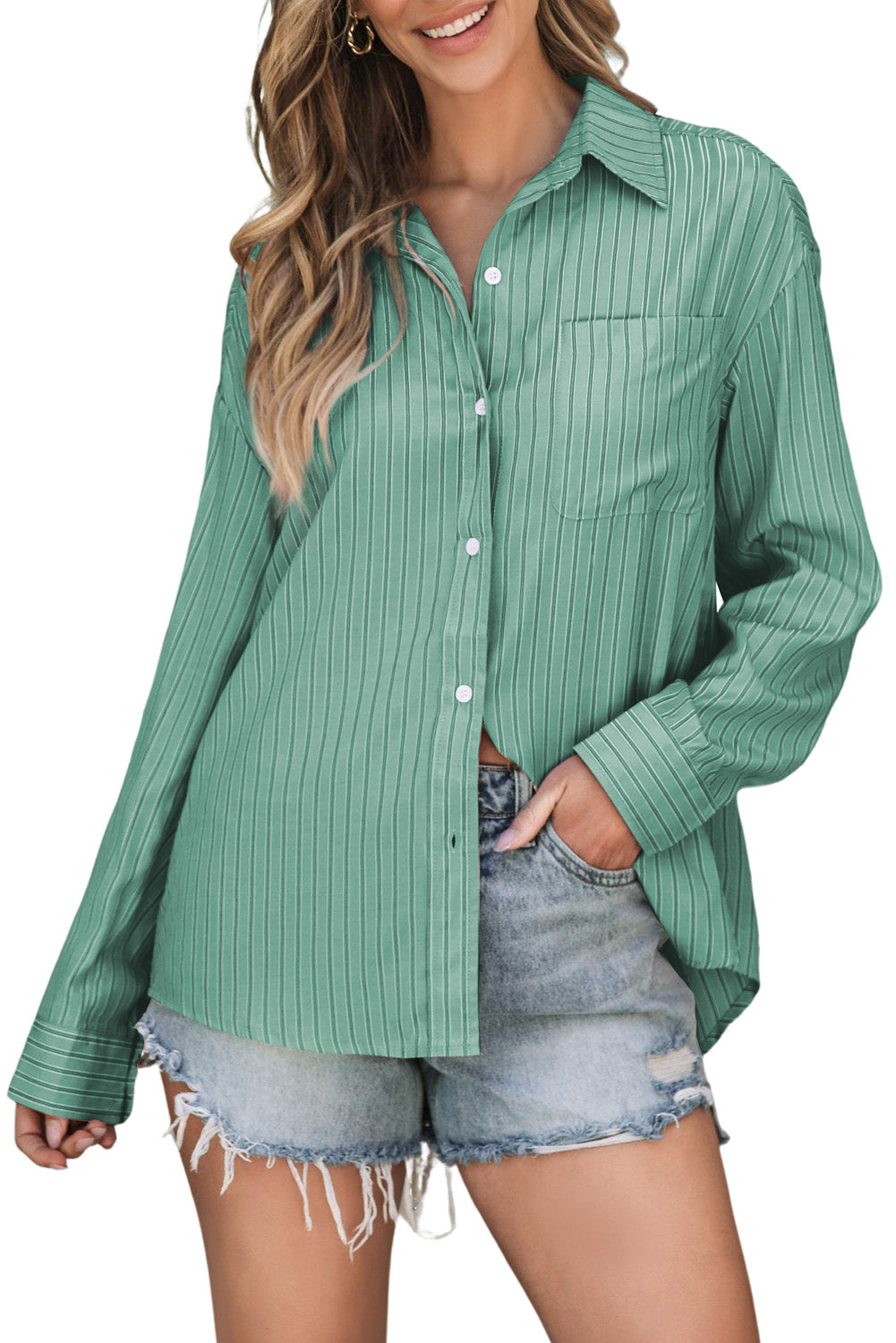 Striped Button Up Long Sleeve Shirt-TOPS / DRESSES-[Adult]-[Female]-2022 Online Blue Zone Planet