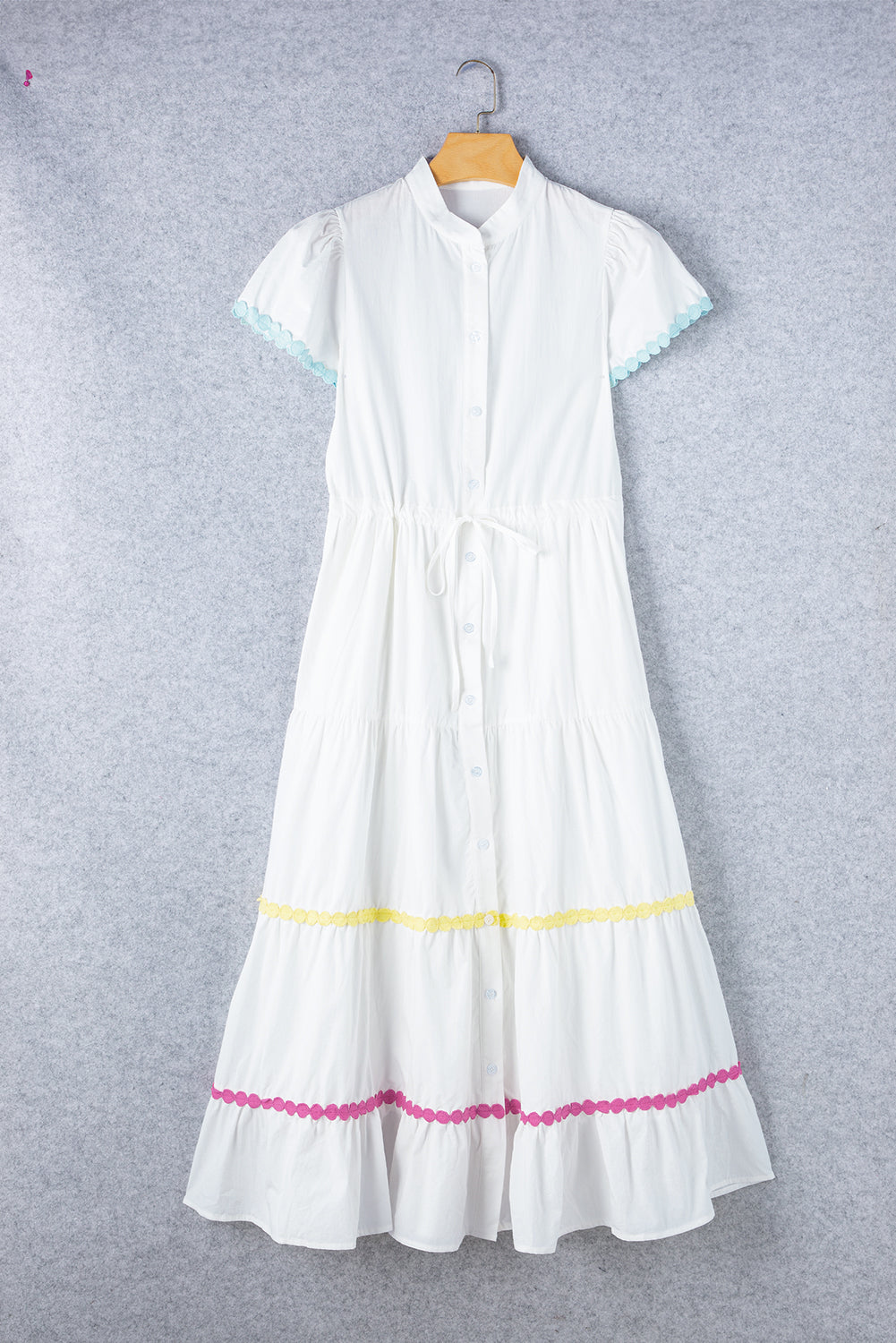 Blue Zone Planet | White Colorblock Rickrack Trim Short Sleeve Drawstring Waist Long Dress-TOPS / DRESSES-[Adult]-[Female]-2022 Online Blue Zone Planet